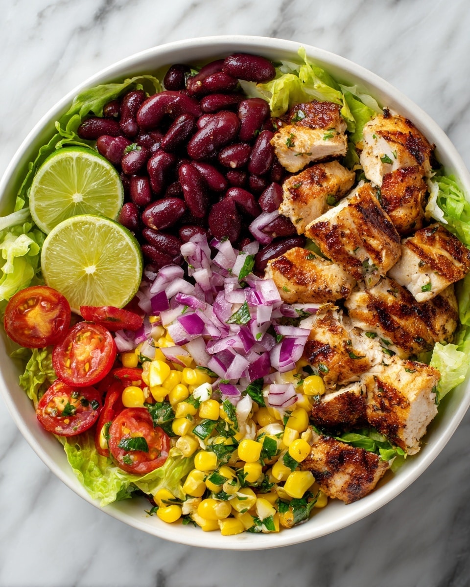 A white bowl sits on a white marbled surface filled with a colorful layered salad. The bottom layer is green lettuce leaves forming a fresh base. On top of that, there are clusters of dark red kidney beans on one side. Next to the beans, a bright mix of yellow corn kernels and chopped red onions is spread across. Cherry tomatoes cut in halves add a glossy red color on another side with some cilantro leaves scattered throughout. Grilled chicken strips with a light brown char are spread over the corn and tomatoes, mixed with more corn and small green herb pieces. Two lime halves rest on the edge of the bowl, showing their juicy pale green inside. Photo taken with an iphone --ar 4:5 --v 7