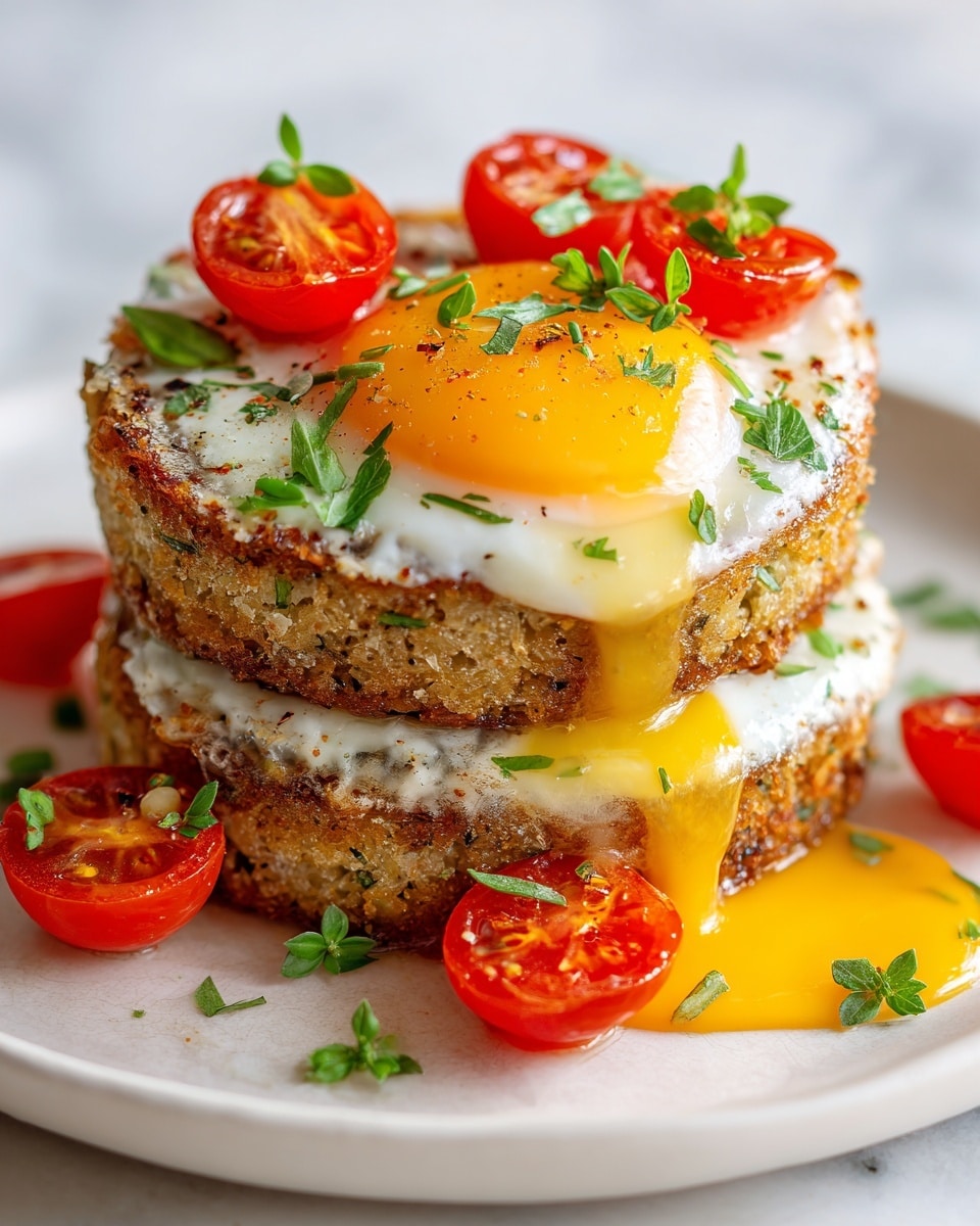 Two stacked open English muffins form the base on a white plate with a fork behind them. On each muffin, there is a layer of bright white cooked egg with runny golden yolk spilling out, sprinkled with black pepper and chopped green herbs. Each egg is topped with a half of a red tomato, and more green herbs are scattered around on the plate, which rests on a white marbled surface with a blurred checkered cloth in the background. Photo taken with an iphone --ar 4:5 --v 7