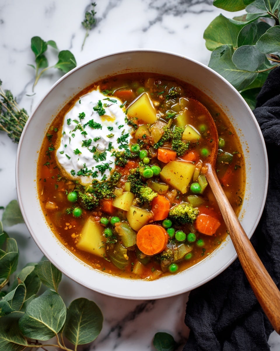 A white bowl filled with a thick vegetable stew showing four main layers: the bottom layer is a deep brown broth, above it are tender chunks of light yellow potato, bright orange carrot slices, green peas, small broccoli florets, and translucent celery pieces; on the top left side there is a dollop of white creamy sour cream sprinkled with small chopped green herbs; some fresh green herbs are also scattered on top of the stew; a wooden spoon with an orange carrot slice is resting on the right side inside the bowl. The bowl sits on a white marbled surface, with a few green leaves and chopped herbs around it, and a black cloth partially visible next to the bowl. Photo taken with an iphone --ar 4:5 --v 7