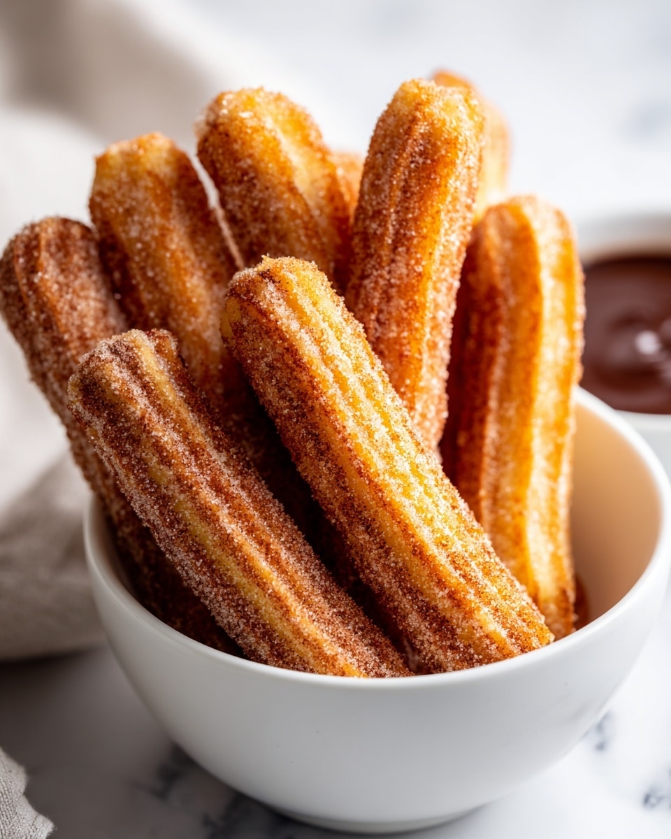 A white bowl filled with about ten golden-brown churros, each coated in a layer of cinnamon sugar, showing a crispy texture with ridges on the surface; the churros are stacked standing upright and leaning against each other inside the bowl. In the background, there is a small white bowl filled with dark chocolate sauce, slightly blurred, placed on a white marbled surface. The overall setting is bright with natural light highlighting the churros' warm tones and sugary texture. photo taken with an iphone --ar 4:5 --v 7