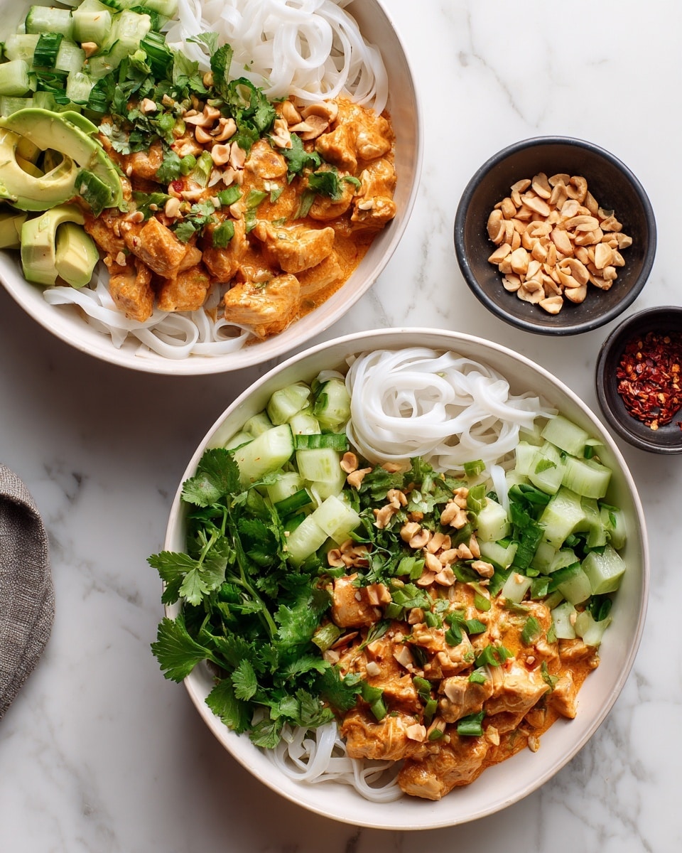 Two white bowls filled with Thai peanut chicken noodle bowls sit on a white marbled surface. Each bowl shows a base layer of white rice noodles on one side. On the other side, there is sliced avocado or diced cucumber with fresh green cilantro leaves. The middle top layer shows grilled or cooked chicken pieces coated in a creamy, light brown peanut sauce. The chicken is sprinkled with chopped peanuts and slices of green chili, adding texture and color contrast. The bowls have a fresh, colorful mix of green, white, and light brown shades, all brightly lit. photo taken with an iphone --ar 4:5 --v 7