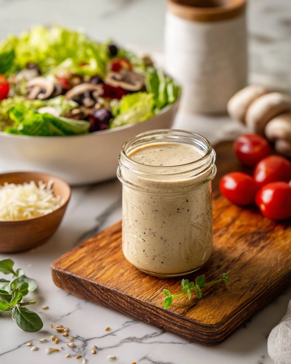 A clear glass jar filled with creamy, off-white Italian dressing speckled with small black herbs stands on a wooden cutting board. To the right, there is a white bowl filled with a fresh salad made of green leafy vegetables, halved cherry tomatoes, sliced mushrooms, and thinly sliced onions. In the background, there are two white bowls, one with a light tan powder and the other blurred out, both resting on a white marbled surface. A sprig of fresh green herbs lies on the cutting board near the jar. photo taken with an iphone --ar 4:5 --v 7