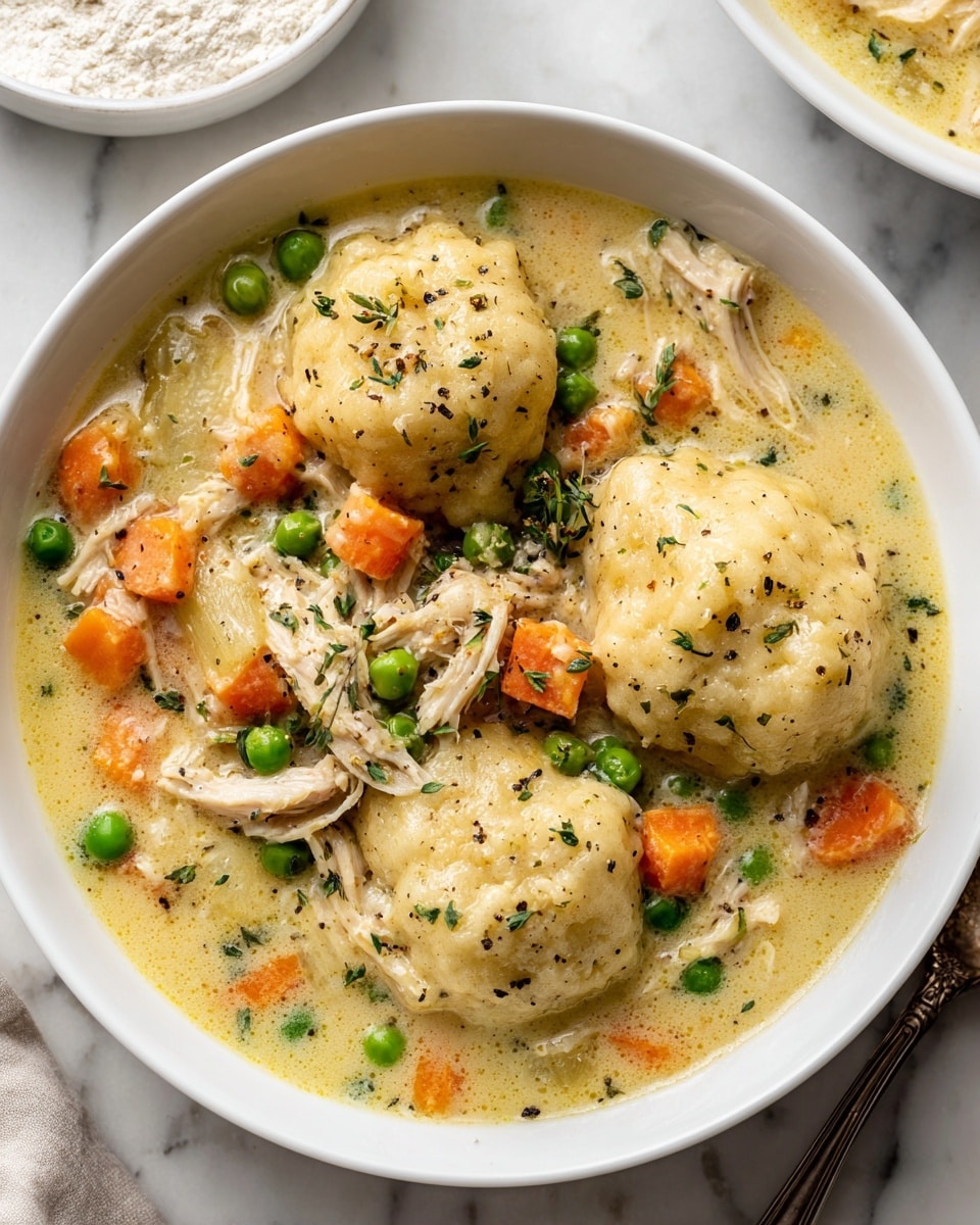 A white bowl filled with a creamy chicken stew showing three large, pale golden dumplings on top, each with a soft, slightly bumpy texture and sprinkled with small green herbs and black pepper. Around and beneath the dumplings are chunks of tender, shredded chicken, bright orange carrot slices, and fresh green peas in a thick, light beige sauce. The bowl sits on a white marbled surface with another larger bowl slightly out of focus in the back, also filled with more dumplings in stew, and a small white bowl of a dry beige ingredient in the background. photo taken with an iphone --ar 4:5 --v 7