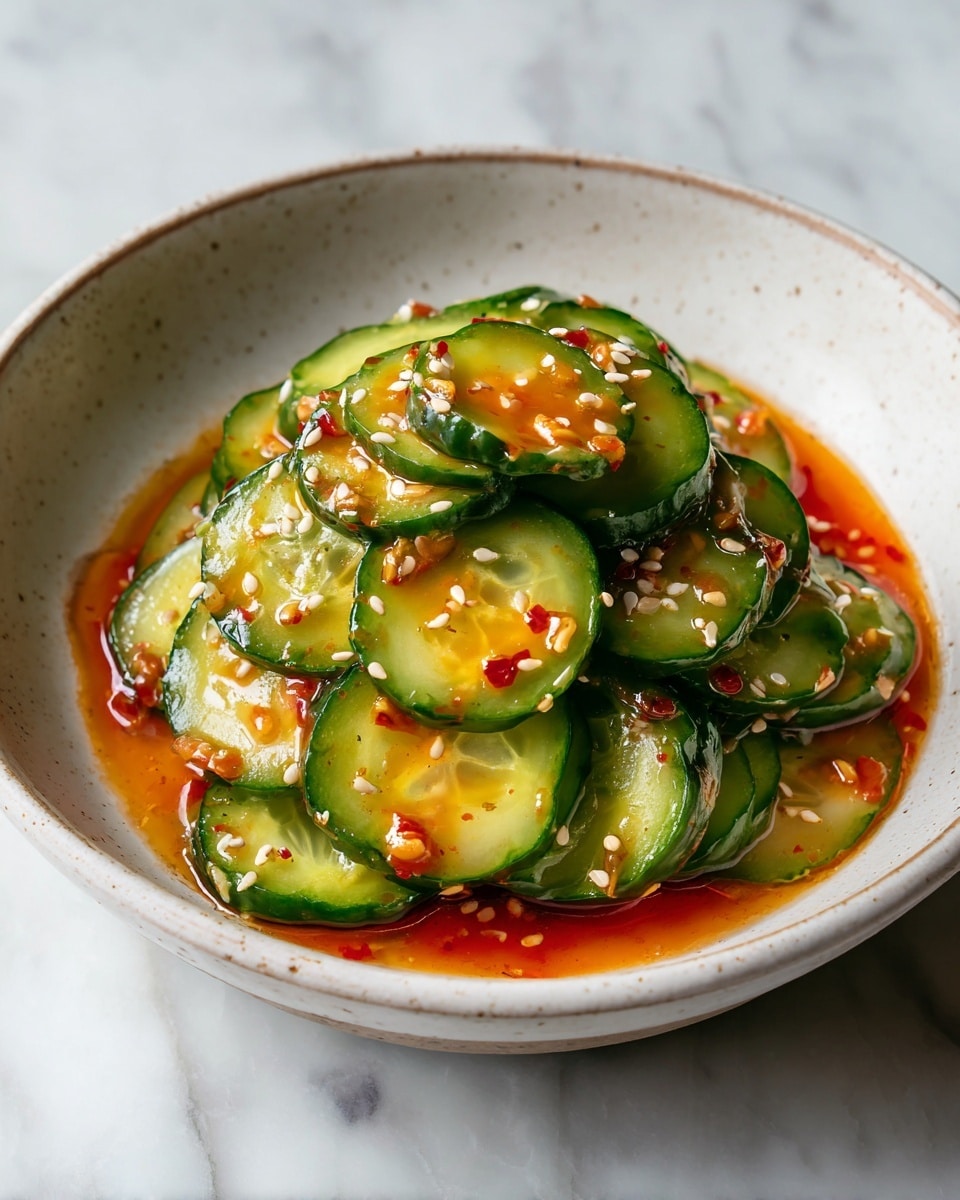 A white bowl filled with several layers of thinly sliced cucumber rounds that have a bright green outer skin and a pale green interior. The cucumber slices are mixed with a shiny red chili sauce that coats them unevenly, creating patches of vibrant red and orange. Small white sesame seeds are sprinkled on top and throughout the layers, adding texture and contrast. The bowl rests on a white marbled surface. photo taken with an iphone --ar 4:5 --v 7