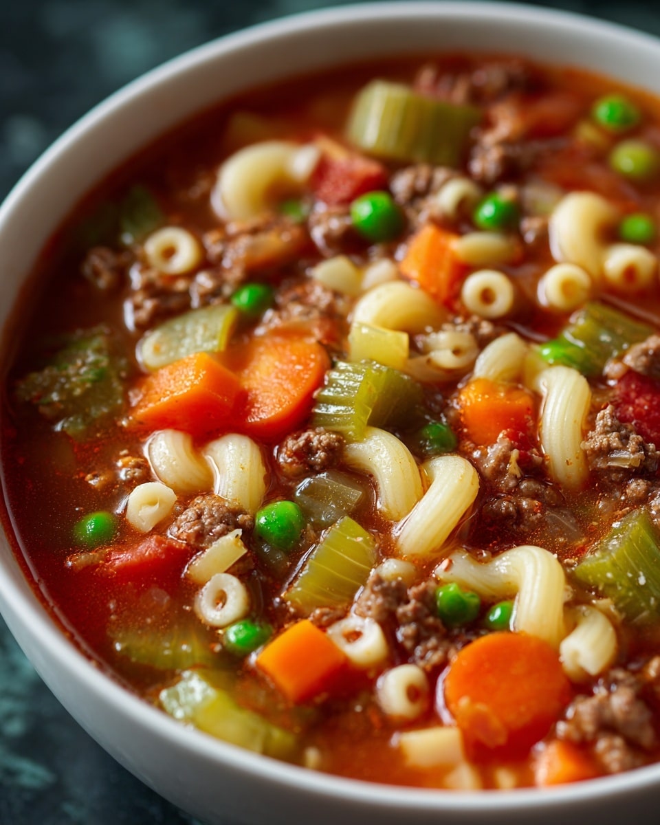 The image shows a close-up of a bowl filled with a thick soup. The soup has several layers and colors: light brown cooked ground beef, pale celery pieces, orange carrot cubes, bright green peas, and small white pasta elbows. The broth is clear and reddish, surrounding all the ingredients. The textures vary from soft vegetables to tender meat and smooth pasta. The soup fills the bowl to the top, with a white marbled surface in the background. Photo taken with an iphone --ar 4:5 --v 7