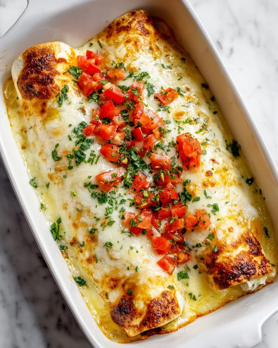 The dish shows two rolled burritos placed side by side in a white ceramic dish. Each burrito is covered in a thick layer of melted white cheese, with patches of yellow cheese melted and mixed on top. Small bits of diced red tomatoes are scattered in a line on top, centered over both burritos. Green herbs are sprinkled lightly over the cheese, adding color contrast. The scene is set on a white marbled surface. Photo taken with an iphone --ar 4:5 --v 7