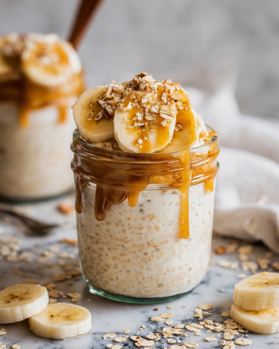 A glass jar filled with a creamy beige oatmeal base, topped with a layer of golden oats and three thick slices of pale yellow banana arranged in a triangle at the center, all drizzled with a warm amber caramel sauce. The jar sits on a white marbled surface with a few scattered oats and banana slices nearby. In the blurred background, another similar jar is partially visible. photo taken with an iphone --ar 4:5 --v 7