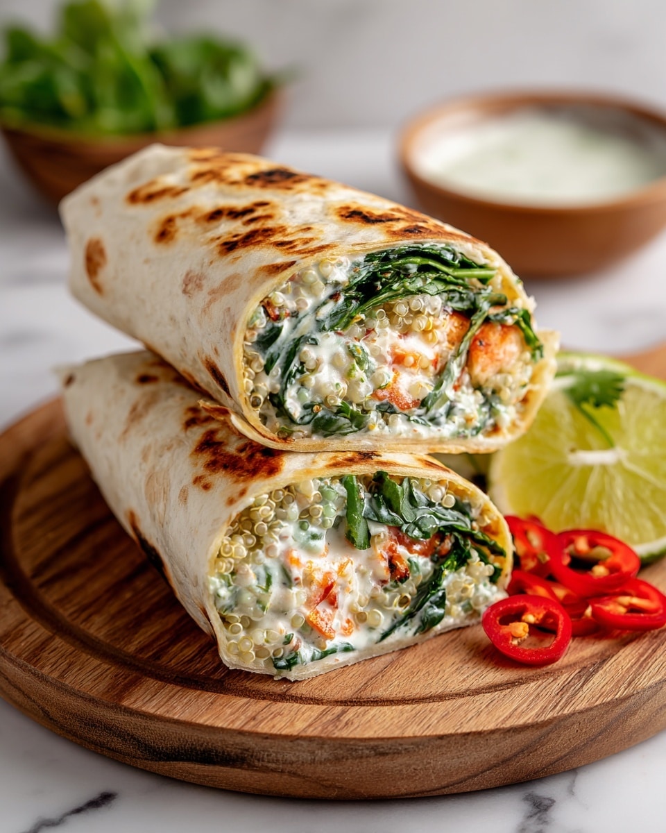 Two halves of a wrap sandwich are stacked on a round wooden board, resting on a white marbled surface. The wrap has a soft, lightly toasted tortilla outer layer with golden brown spots. Inside, there are three visible layers: a bottom layer of creamy white sauce with specks of herbs, a middle layer of fresh green leafy vegetables, and a top layer of cooked quinoa mixed with bright orange carrot slices and a chunky red sauce. On the side of the board, there are a few slices of red chili and some green lime wedges. A bowl with green leafy herbs and another with white sauce are blurred in the background. Photo taken with an iphone --ar 4:5 --v 7