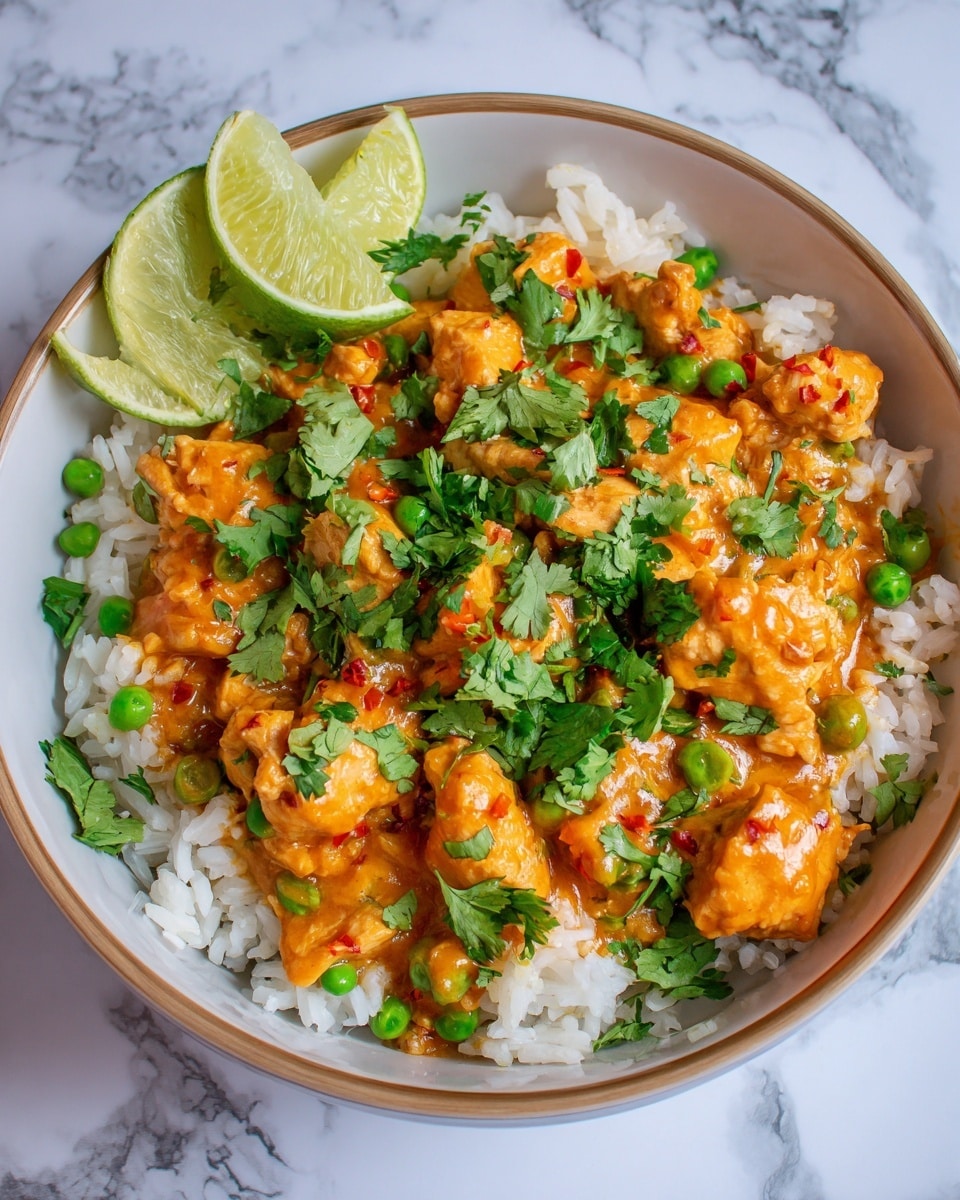 A bowl of white rice forms the bottom layer, fluffed and soft with separate grains clearly visible. On top, there are several slices of cooked chicken breast coated in a glossy, orange-brown sauce that looks thick and rich, sprinkled with tiny bits of green peas and red chili pieces. Fresh, bright green cilantro leaves are scattered evenly over the chicken, adding color and freshness. Two lime wedges sit on the chicken near the edge of the bowl, their pale green color contrasting with the rest of the dish. The bowl is white and placed on a white marbled surface. photo taken with an iphone --ar 4:5 --v 7