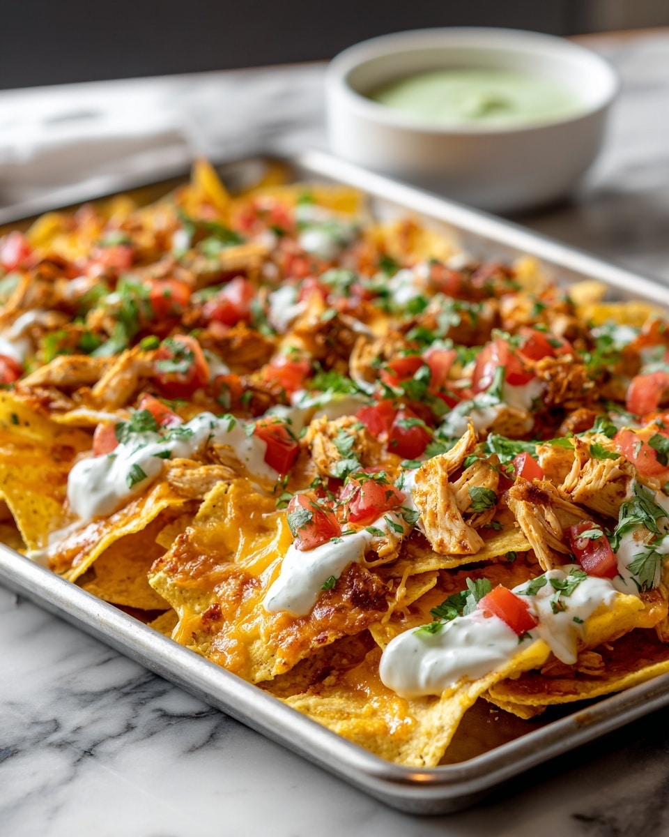 A tray filled with a base layer of crispy yellow corn tortilla chips covered in melted light orange cheese, topped with a generous amount of shredded cooked chicken pieces in a light beige color. On top, scattered small chunks of fresh bright red tomatoes mixed with finely chopped green cilantro leaves add a fresh contrast. White creamy sauce dollops are spread evenly over the dish, adding a smooth texture. The tray rests on a white marbled textured surface with a small white bowl of green sauce in the background. photo taken with an iphone --ar 4:5 --v 7