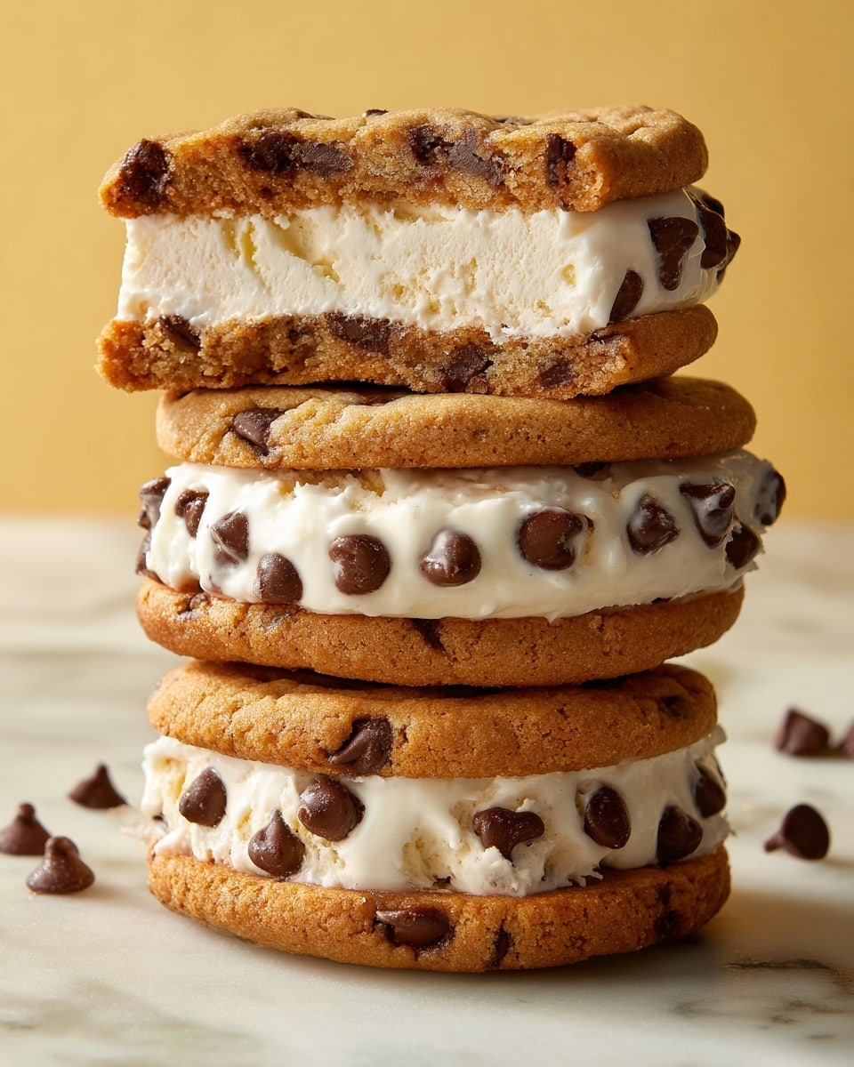 A stack of three ice cream sandwiches made from soft, golden-brown chocolate chip cookies with visible dark chocolate chips on the surface. Each sandwich has one layer of smooth, white vanilla ice cream with chocolate chips mixed inside, slightly melting and oozing from the edges. The top sandwich is cut in half, showing the thick ice cream layer inside and the soft, slightly crumbly cookie texture. All are placed on a white marbled surface with a plain, warm yellow background. photo taken with an iphone --ar 4:5 --v 7