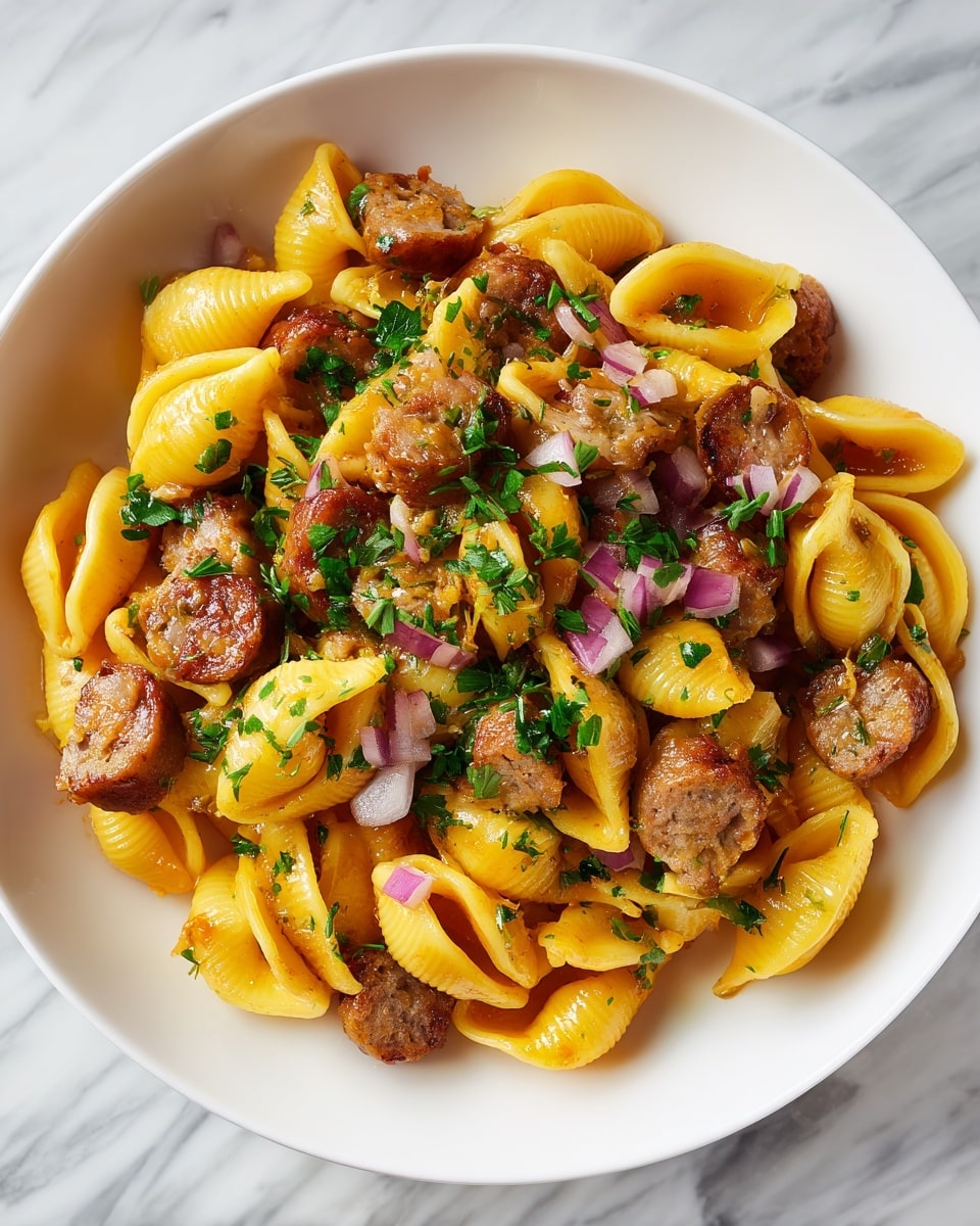 A close-up view of a creamy pasta dish with shell-shaped pasta coated in a rich yellow cheese sauce, topped with browned slices of sausage that show a slightly crispy texture. Finely chopped green herbs are sprinkled generously over the dish, adding contrast and freshness. The pasta and sausage are mixed together, filling the white plate that sits on a white marbled surface, giving a warm and inviting look. Photo taken with an iphone --ar 4:5 --v 7