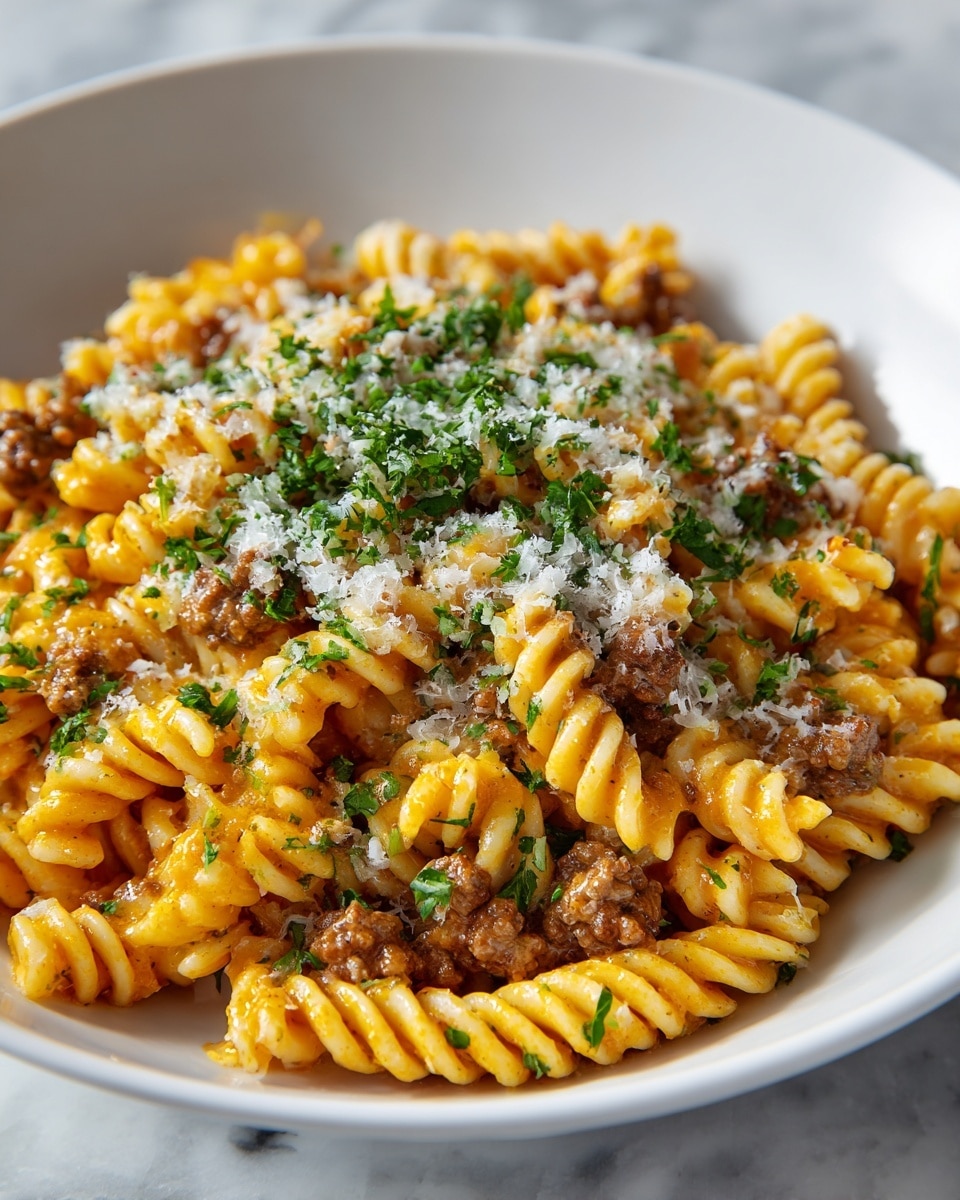 A close-up image of a bowl filled with short, spiral-shaped pasta covered in a rich, thick meat sauce with finely ground beef pieces. The pasta is a warm golden-yellow color, coated evenly with the brownish-red sauce. On top, there is a generous sprinkle of finely grated white cheese and scattered fresh green parsley leaves adding a pop of color. The bowl is white with a slight speckled texture, and the image is set on a white marbled surface. photo taken with an iphone --ar 4:5 --v 7