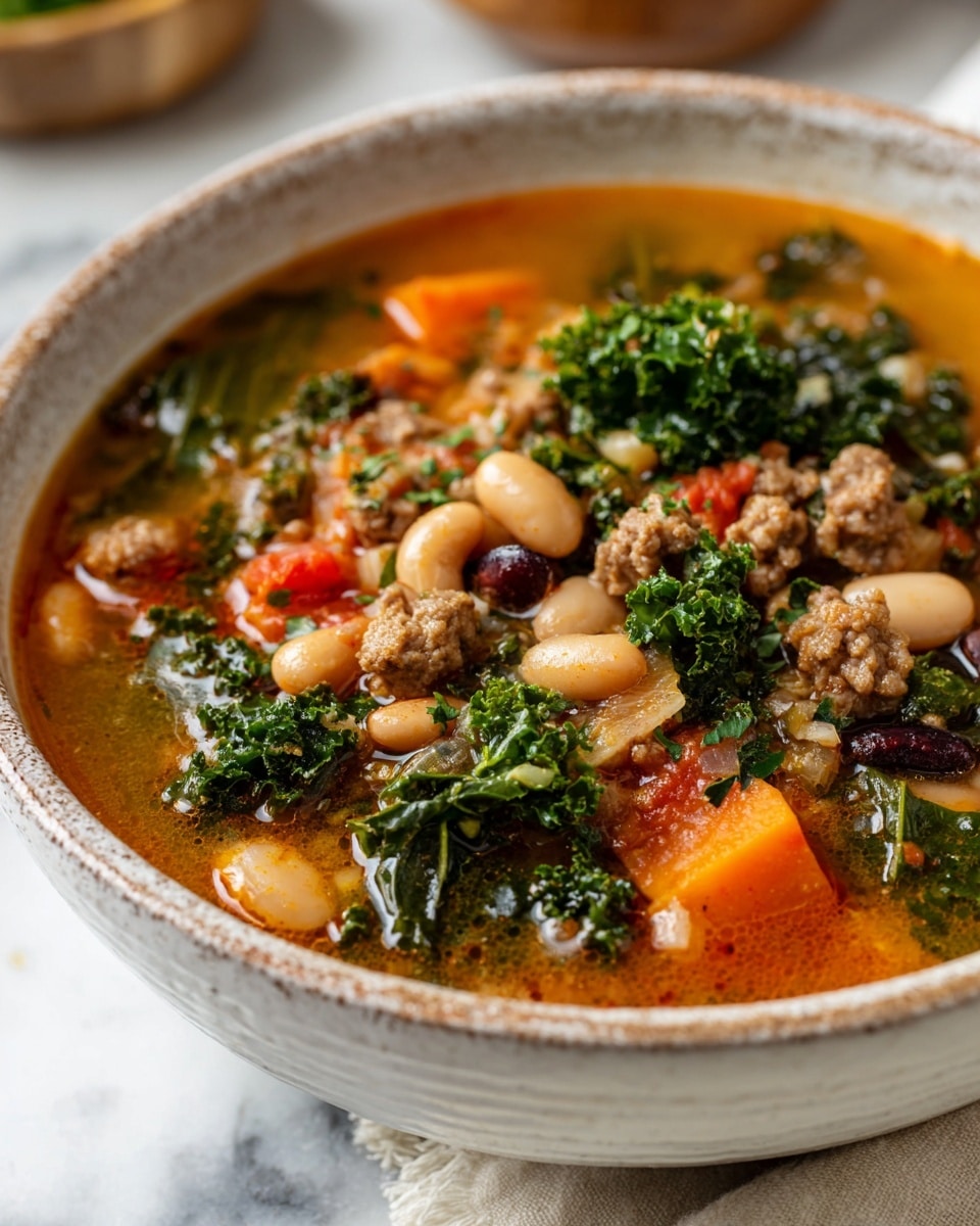 The image shows a close-up of a bowl filled with a colorful stew. The base layer has bright orange slices with a smooth texture at the bottom, topped with light brown crumbled pieces that look soft and moist. Scattered on top are several large white and dark red beans, mixed with small spinach-like green leaves adding freshness. The bowl is dark and rustic, sitting on a white marbled surface. The stew looks hearty, with small black pepper flakes spread over the top. Photo taken with an iphone --ar 4:5 --v 7