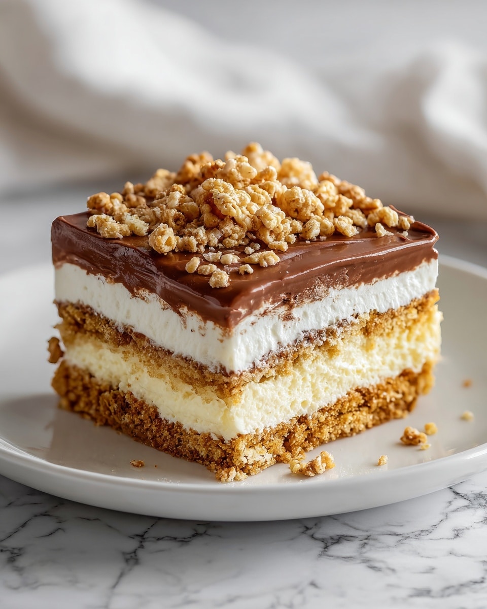 The image shows a close-up of a dessert with multiple layered textures on a white plate, placed on a white marbled surface. The bottom layer is a crispy, golden brown crust with small pieces of nuts or cereal. Above this is a thick, creamy white layer that looks soft and smooth. On top of that is a rich, glossy chocolate layer, dark brown and smooth, slightly melting around the edges. The dessert is topped with puffed rice cereal and crunchy granola pieces, adding a light tan and golden texture. Some crumbs are scattered around the base on the plate. Photo taken with an iphone --ar 4:5 --v 7