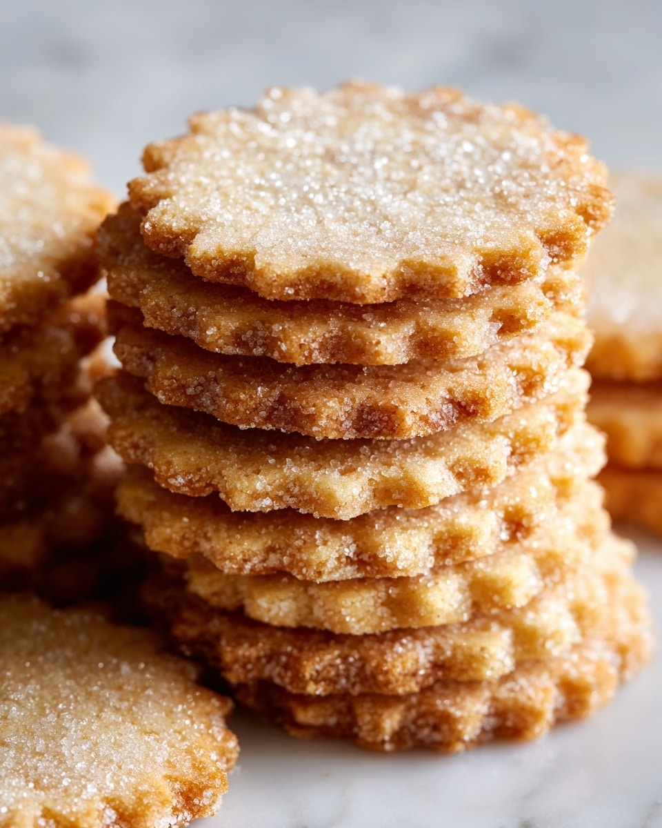 The image shows a close-up view of several round shortbread cookies stacked on top of each other. Each cookie has a light golden color with a slightly rough texture from the sugar crystals covering the surface. The edges of the cookies are scalloped, adding a delicate pattern, and the sugar granules shimmer in the light. The cookies appear thick and crumbly, with layers of stacked cookies creating a sense of depth. The background is softly blurred and features a white marbled texture. photo taken with an iphone --ar 4:5 --v 7