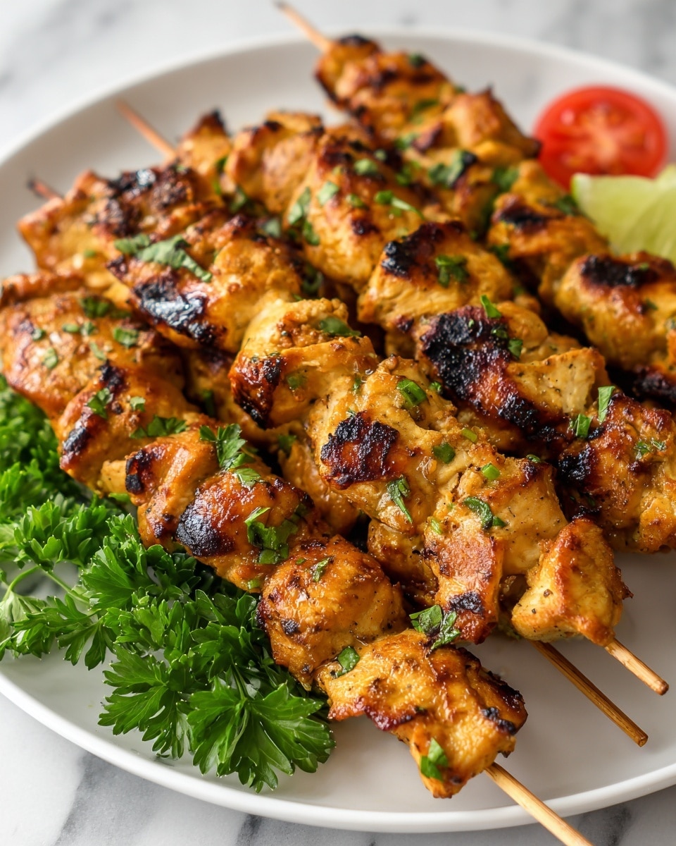 The image shows a white plate filled with wooden skewers of grilled chicken pieces. The chicken is cooked to a golden brown with some charred spots, and it is sprinkled with chopped green herbs. The skewers are arranged closely together, resting on a bed of fresh green parsley. A small piece of red tomato and a wedge of lime are visible on the side of the plate. The plate sits on a white marbled surface, with some green leaves and a red tomato blurred in the background. photo taken with an iphone --ar 4:5 --v 7