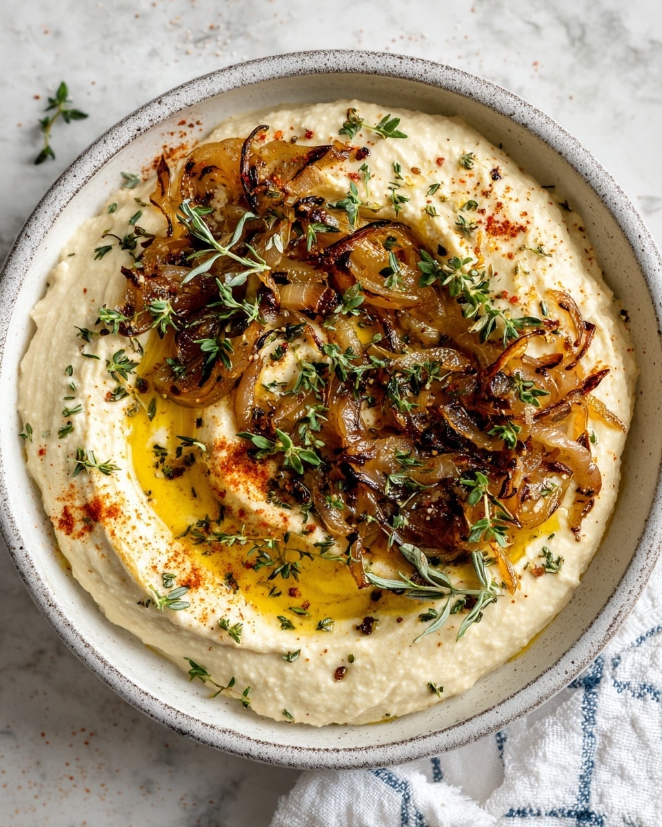 A bowl with a creamy white base layer of smooth hummus spread evenly in a circular pattern, topped with a layer of golden olive oil pooled in the center. On top of the oil, there is a rich layer of caramelized, translucent onion slices in dark amber and light golden brown hues. Sprinkled over and around the onions are fresh green thyme sprigs and scattered coarse black pepper and reddish paprika powder adding specks of color. The bowl is set on a white marbled surface with a wooden bowl visible in the background. photo taken with an iphone --ar 4:5 --v 7