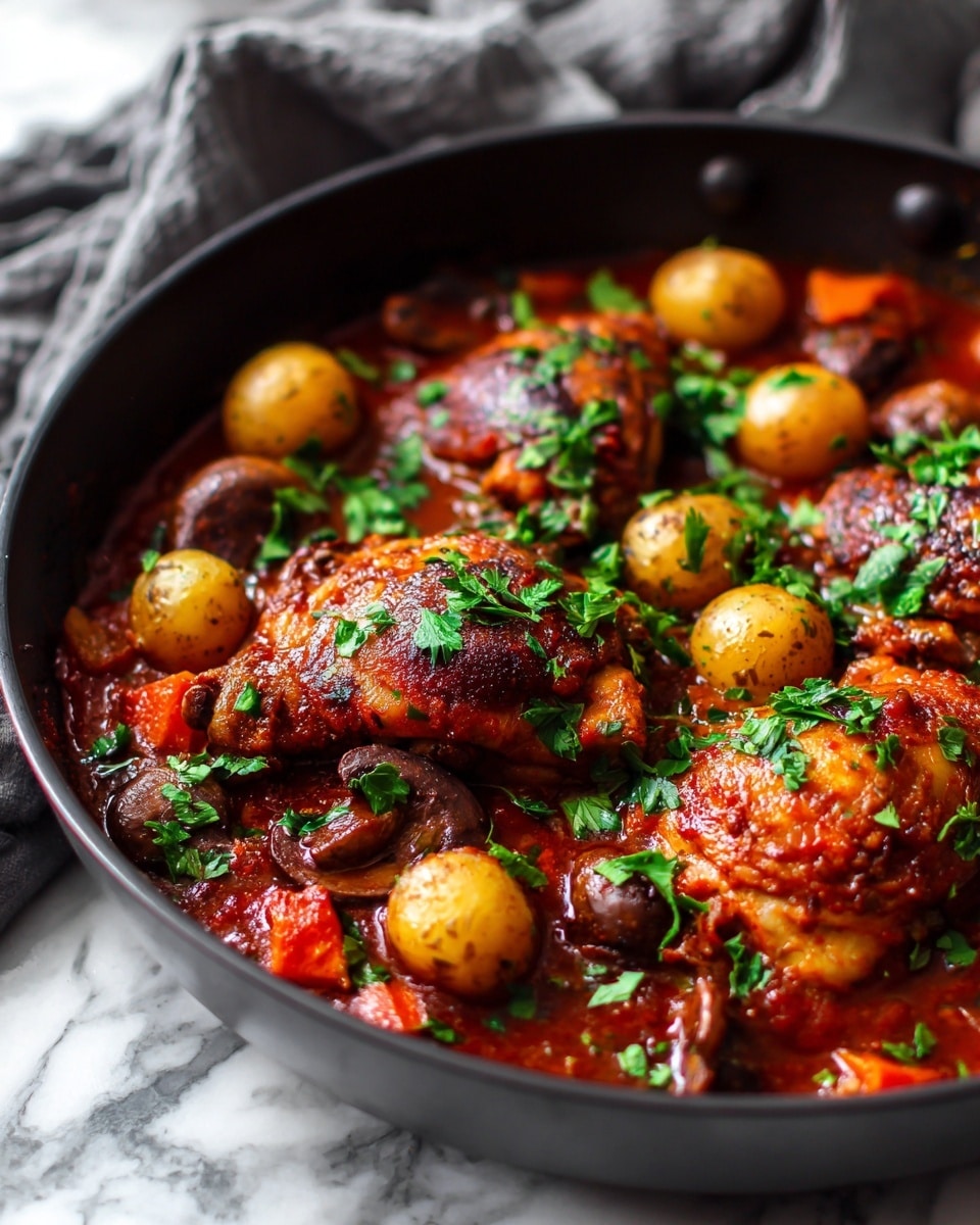 The image shows a dark pan filled with a rich, thick tomato-based stew. Inside, there are three golden-brown chicken pieces on top, each with a slightly crispy texture and sprinkled with green parsley leaves. Around the chicken, there are small whole potatoes with a light brown skin, slices of dark brown mushrooms, and chunks of softened red and orange vegetables, creating a colorful and hearty mix. The stew looks glossy and simmered, with visible herbs and spices giving it a rustic, homemade feel. The pan sits on a white marbled surface with a neutral cloth softly blurred in the background. Photo taken with an iphone --ar 4:5 --v 7