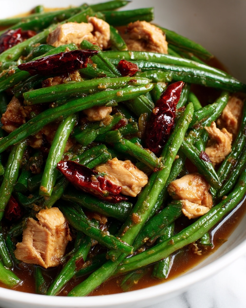 A close-up of a stir-fry dish showing three main layers: bright green long beans with a smooth, slightly shiny texture, evenly spread all over; tender, small pieces of cooked chicken with a golden-brown color mixed throughout the beans; and dark red dried chili peppers scattered in between, adding a contrasting color. The ingredients are coated in a glossy, light brown sauce that makes them look juicy and flavorful. The photo is taken on a white marbled texture. photo taken with an iphone --ar 4:5 --v 7