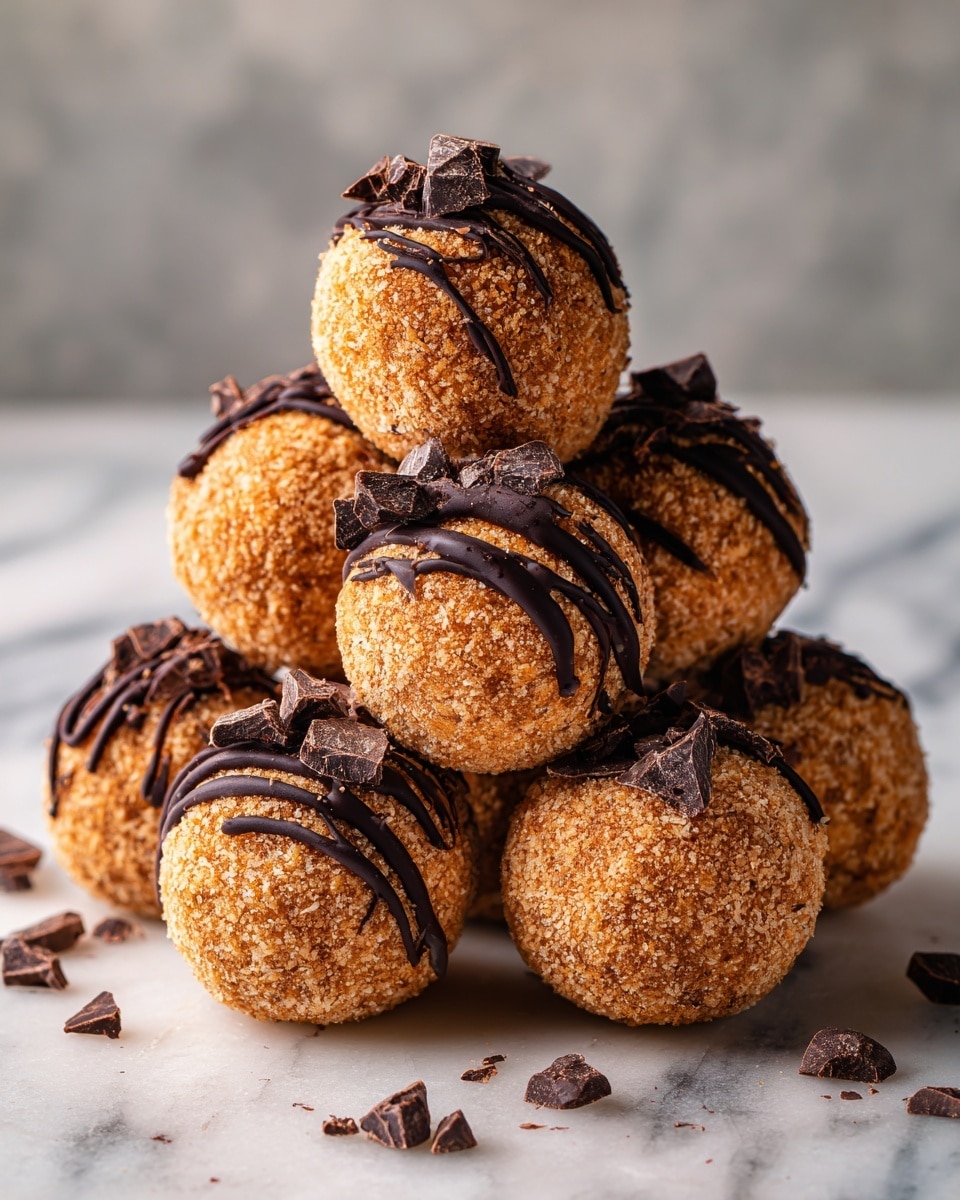 A stack of round dessert balls coated with a light brown crumb layer sits on a white marbled surface. Each ball is decorated with thin, dark chocolate drizzles running vertically and topped with small, chunky black chocolate bits. The balls are arranged in a pyramid shape, with four or five visible at the base and a few stacked on top, creating a textured, inviting look. Some light brown crumbs are scattered around the base on the white marbled surface. Photo taken with an iphone --ar 4:5 --v 7