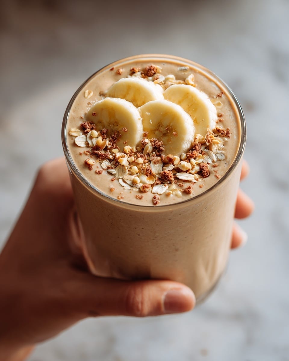 A tall clear glass filled with a creamy, light brown smoothie topped with three thin banana slices arranged in a small circle in the center. The smoothie has a smooth texture with small bits of crushed nuts sprinkled over the top. The background shows a white marbled surface with a peeled banana on the right side and a small jar of honey on the left, slightly blurred. The scene is softly lit, highlighting the glass’s frosty appearance. Photo taken with an iphone --ar 4:5 --v 7