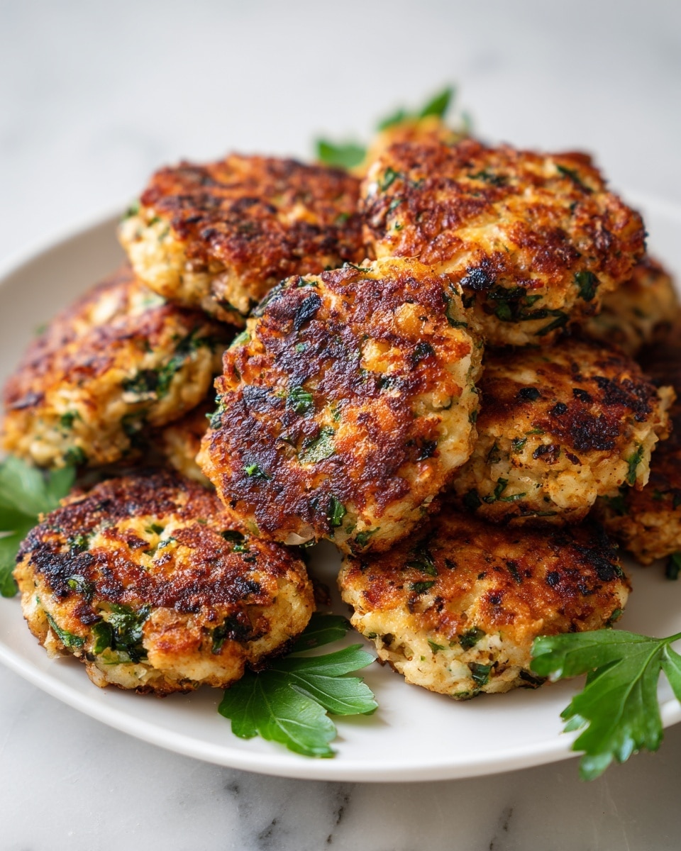 The image shows a white plate on a white marbled surface filled with round, golden-brown patties. The patties have a crispy texture with darker brown edges and green leafy bits mixed within, giving a layered look of cooked batter and herbs. The patties are stacked in a slightly messy pile, with some showing more green from the herbs and others more golden from the fried crust. The overall colors are warm golden browns with bright green highlights from the leaves. Photo taken with an iphone --ar 4:5 --v 7