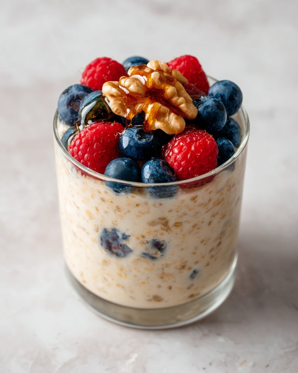 The image shows a thick glass filled with creamy oatmeal that has small specks of oats visible throughout the soft, light beige base. On top, there is a layer of fresh blueberries and a few blackberries scattered around. In the center are several large pieces of walnut, slightly shiny with a touch of honey drizzle that adds a glossy amber color over the berries and nuts. The glass sits on a white marbled surface. photo taken with an iphone --ar 4:5 --v 7