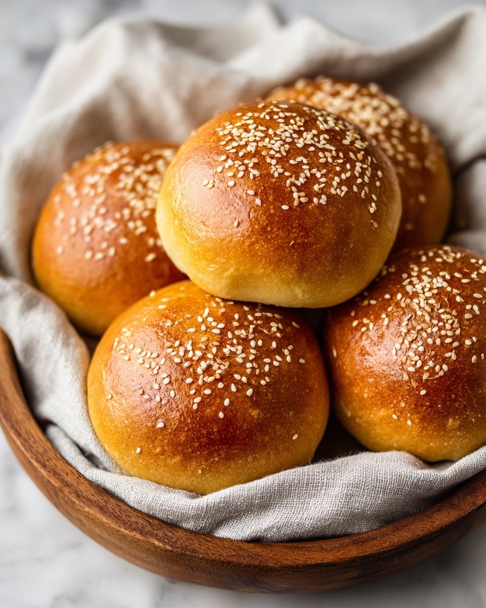 A wooden round tray holds five shiny golden brown buns with sesame seeds sprinkled on top. The buns are smooth and slightly glossy, showing a soft texture beneath the golden crust. A light gray cloth partially covers one side of the tray. The background surface is a white marbled texture. Photo taken with an iphone --ar 4:5 --v 7