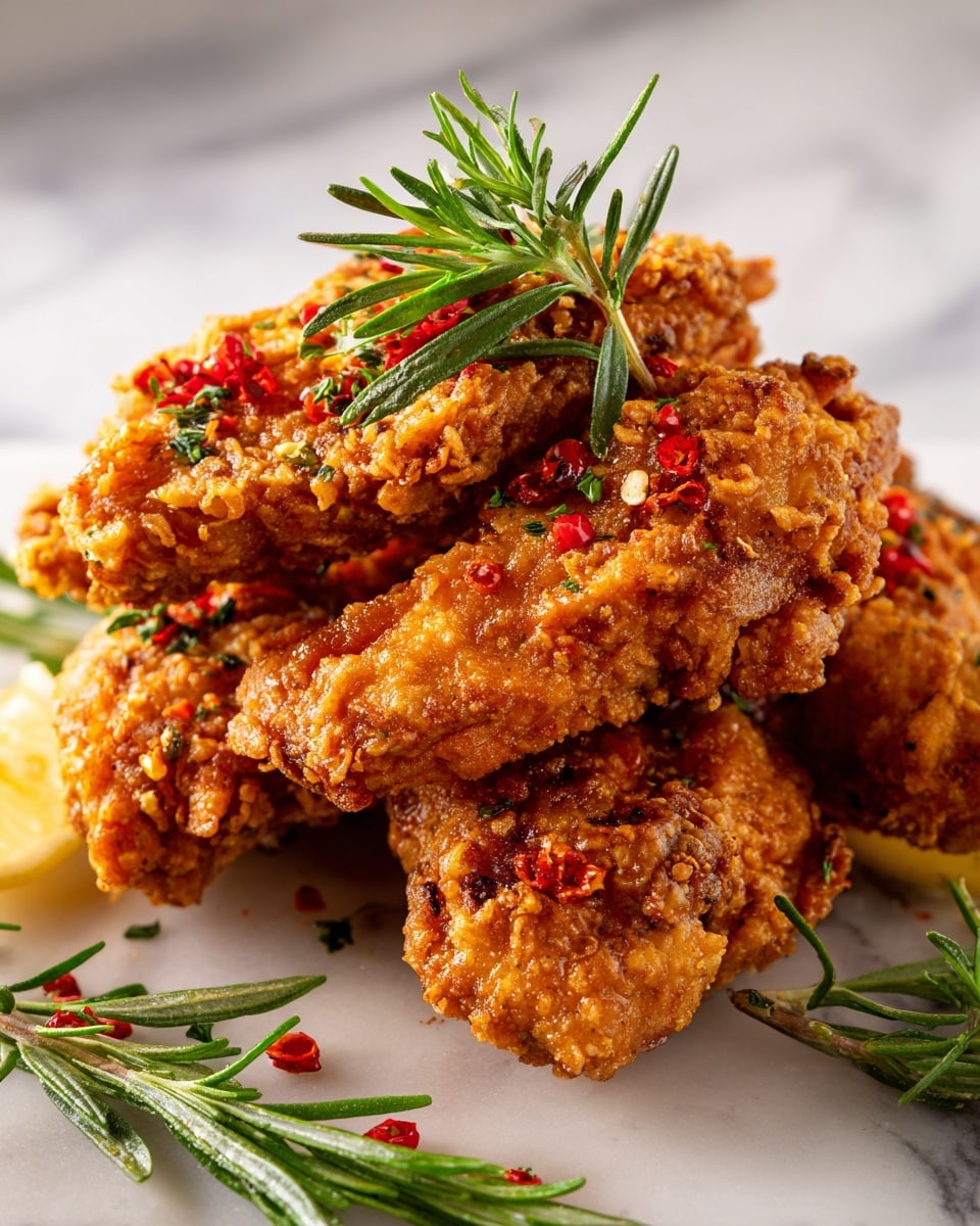 The image shows a stack of three thick, crispy fried chicken pieces with a golden brown crust, each layer textured with crunchy bits and small red chili flakes scattered throughout. Green rosemary sprigs are placed on top and around the chicken, adding a fresh look and a pop of color. At the bottom right, a thick slice of yellow lemon is partially visible, resting on the white marbled surface. The warm tones of the chicken contrast with the fresh green and yellow accents. Photo taken with an iphone --ar 4:5 --v 7