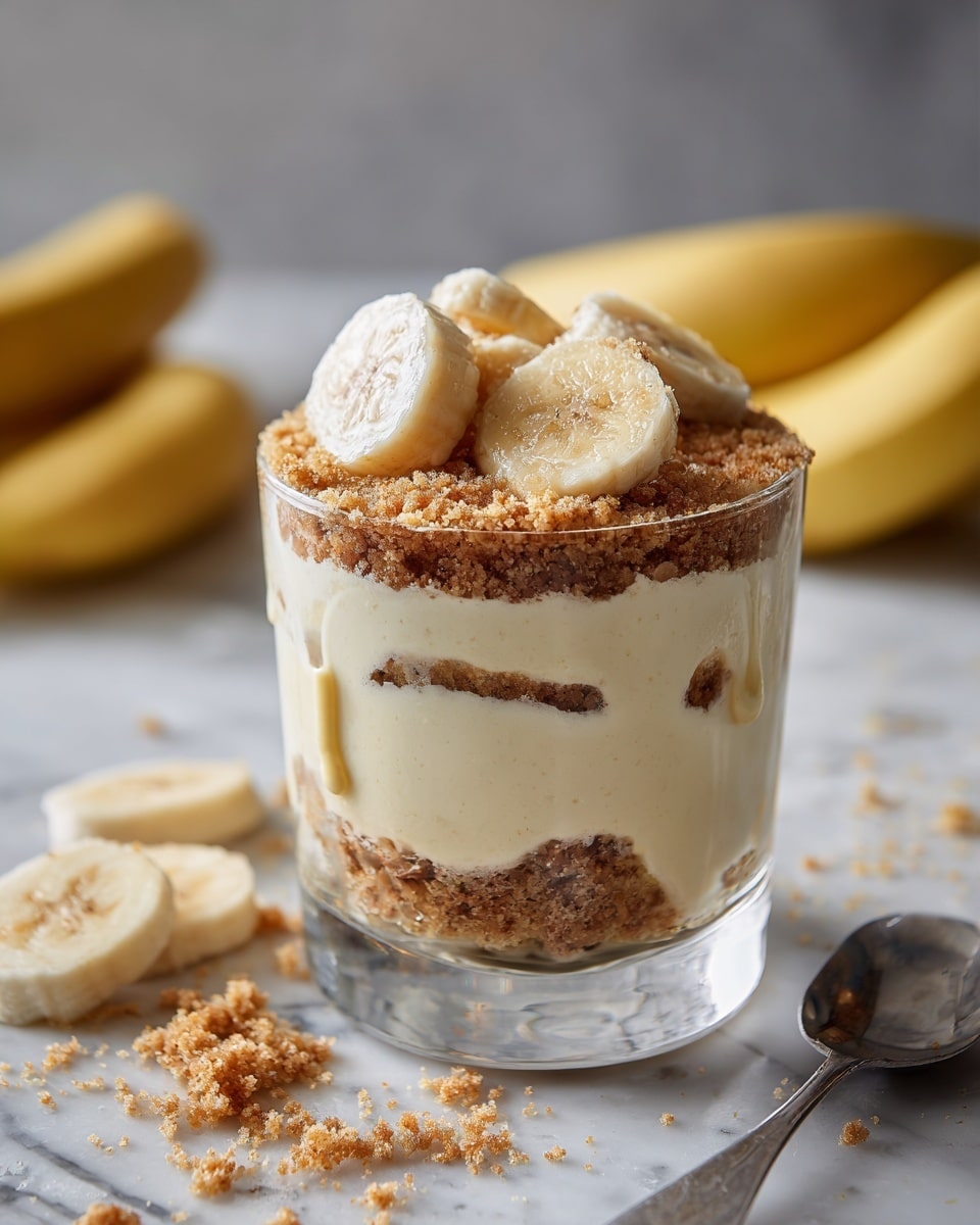 A clear glass filled with three layers: the bottom layer is crushed brown crumbs with a crumbly texture, the middle layer is smooth light cream that slightly drips down the sides, and the top layer has more brown crumbs scattered with fresh yellow banana slices arranged evenly on top. The glass sits on a white plate with crumb pieces and banana slices around it, all placed on a white marbled surface. In the background, whole yellow bananas are slightly blurred. photo taken with an iphone --ar 4:5 --v 7
