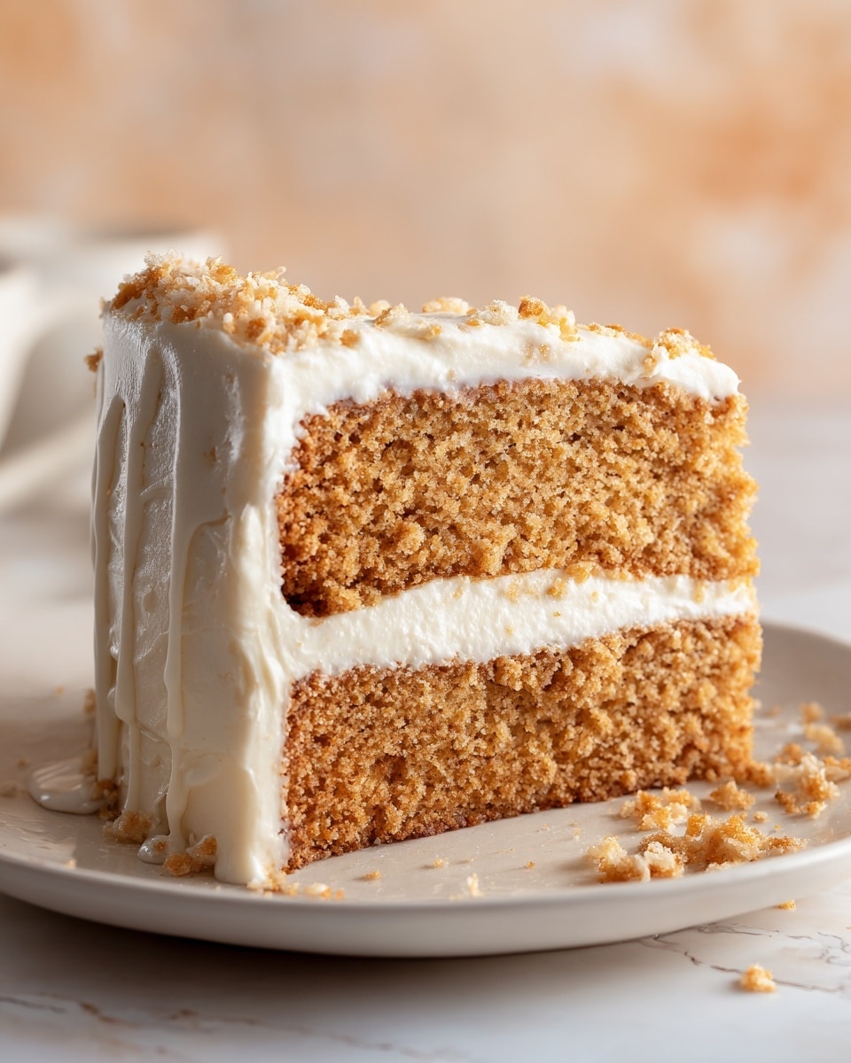 A close-up image shows a slice of layered vanilla cake on a white plate with a white marbled texture beneath. The cake has three visible layers, with two light golden-brown sponge cake layers separated by thick, smooth, creamy white frosting. The top layer of the cake is covered with the same creamy white frosting and sprinkled generously with small, chopped white nuts or white chocolate bits, adding texture. The sides of the cake slice have smooth frosting with slight drips, and a few cake crumbs are scattered on the plate. The background is softly blurred in warm tones, making the cake the central focus. Photo taken with an iphone --ar 4:5 --v 7