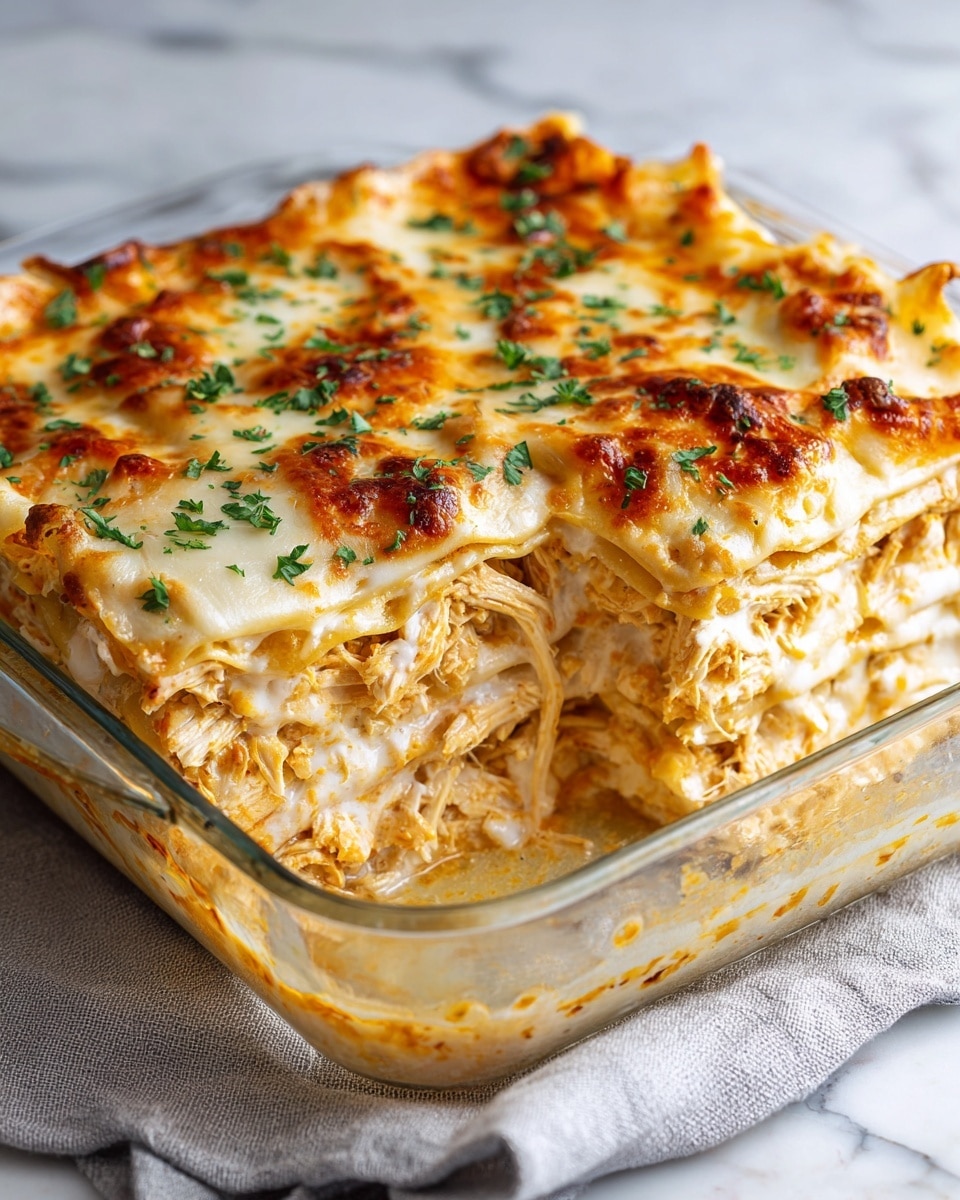 A close-up of a three-layer baked enchilada dish in a clear rectangular glass baking dish. The bottom layer shows soft, rolled tortillas filled with shredded chicken in a light orange sauce. The middle layer is a creamy, melted cheese sauce covering the tortillas. The top layer is a bubbly, golden-brown mix of melted white and orange cheeses sprinkled with small green chopped herbs. The dish is on a white marbled surface with a light blue cloth partly under the dish, and some out-of-focus green garnish in the background. Photo taken with an iphone --ar 4:5 --v 7