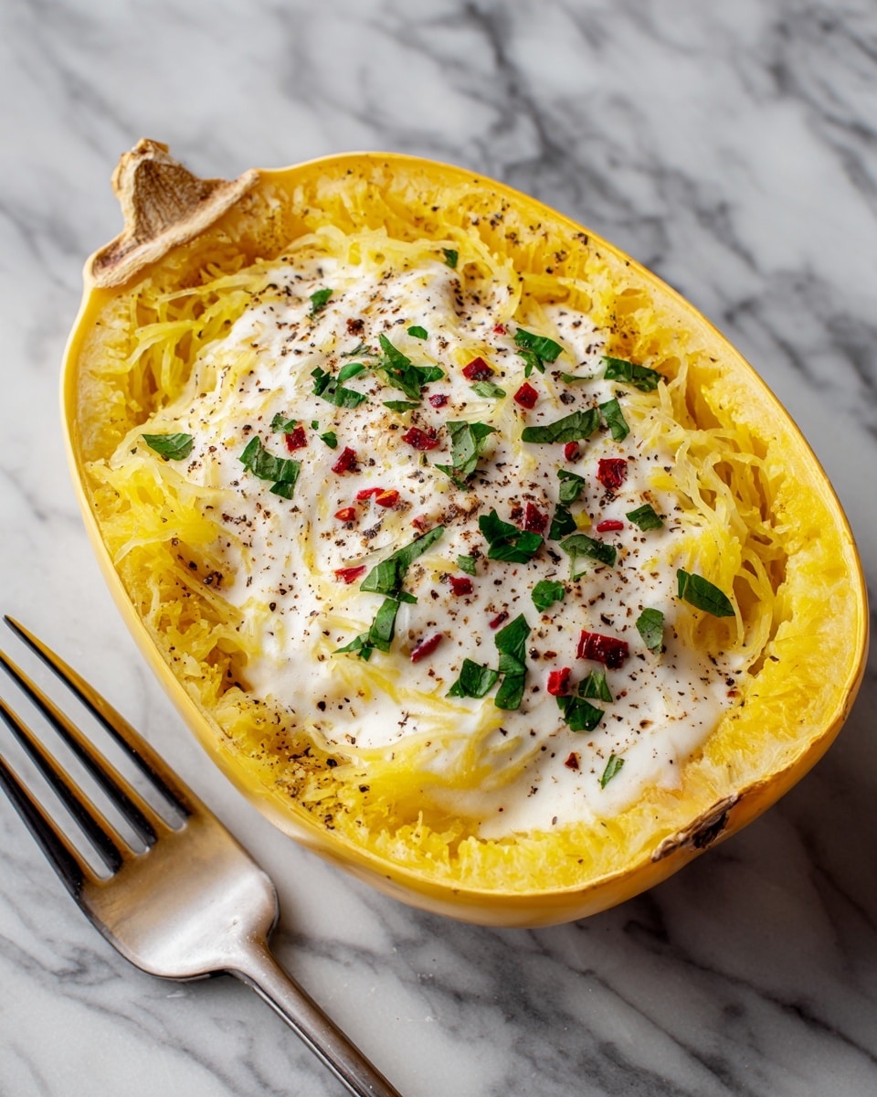 The dish is a halved yellow spaghetti squash with its stringy flesh forming the first layer inside the shell, showing a bright yellow-orange color and a slightly fibrous texture. On top of the squash flesh, there is a creamy, cheesy white sauce mixed with small chunks of red tomatoes, lightly browned on the surface with a gooey texture. The top of the sauce is sprinkled with fresh chopped green parsley and a light dusting of black pepper, adding color contrast. The squash rests on a white marbled surface, with a silver fork placed next to it, partially visible. Photo taken with an iphone --ar 4:5 --v 7