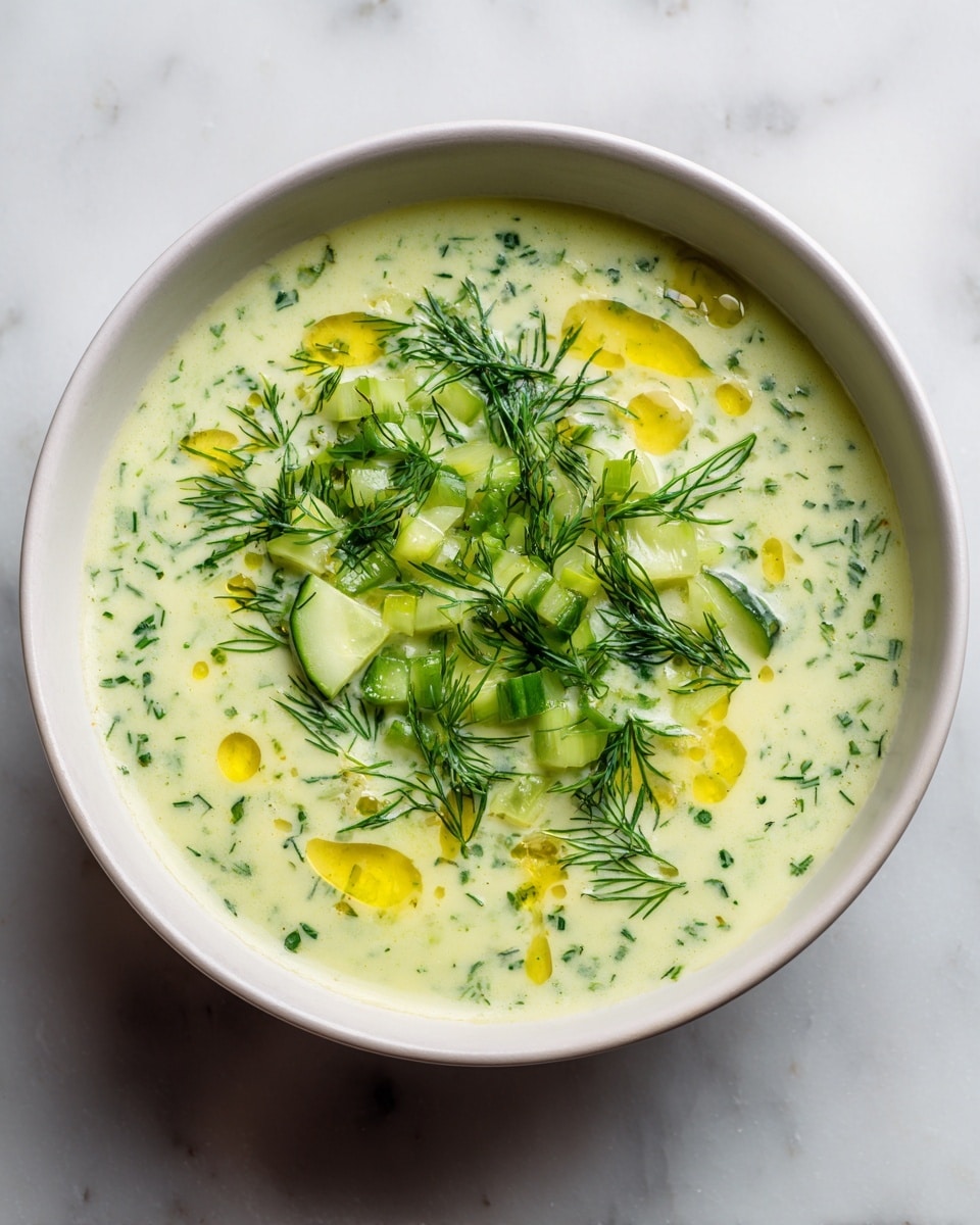 A white bowl filled with a creamy light green soup, topped with small pieces of sliced cucumber and chopped green onions scattered across the surface, along with thin sprigs of fresh dill. Drops of golden oil are drizzled on top, adding a shiny texture. The soup has a smooth and slightly frothy texture, with the garnishes providing a fresh and vibrant contrast. The bowl sits on a white marbled surface. Photo taken with an iphone --ar 4:5 --v 7