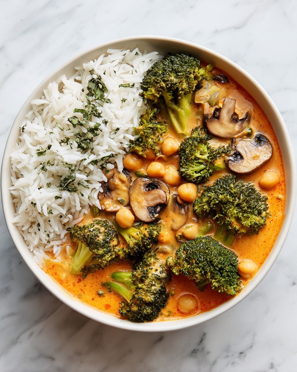 A white bowl filled halfway with white rice on the left side and creamy orange curry on the right side. The curry has bright green broccoli florets, beige chickpeas, and sliced mushrooms scattered on top. The curry has a smooth texture with some small pieces of green herbs sprinkled around. The bowl is placed on a warm wooden surface with sunlight falling on it, making the colors look fresh and bright. Photo taken with an iphone --ar 4:5 --v 7