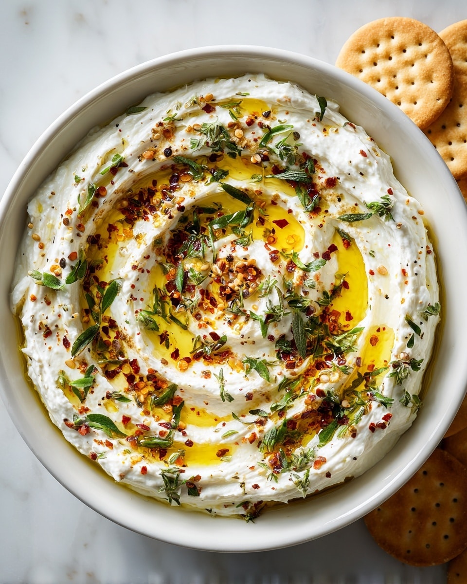 A white bowl filled with creamy white whipped cheese swirled in a circular shape, topped with bright yellow olive oil pooling in the center and around the swirls. Scattered red chili flakes and fresh green herb leaves decorate the top, adding texture and color contrast. The bowl is placed on a white marbled surface, and some small round crackers are partially visible in the background. Photo taken with an iphone --ar 4:5 --v 7