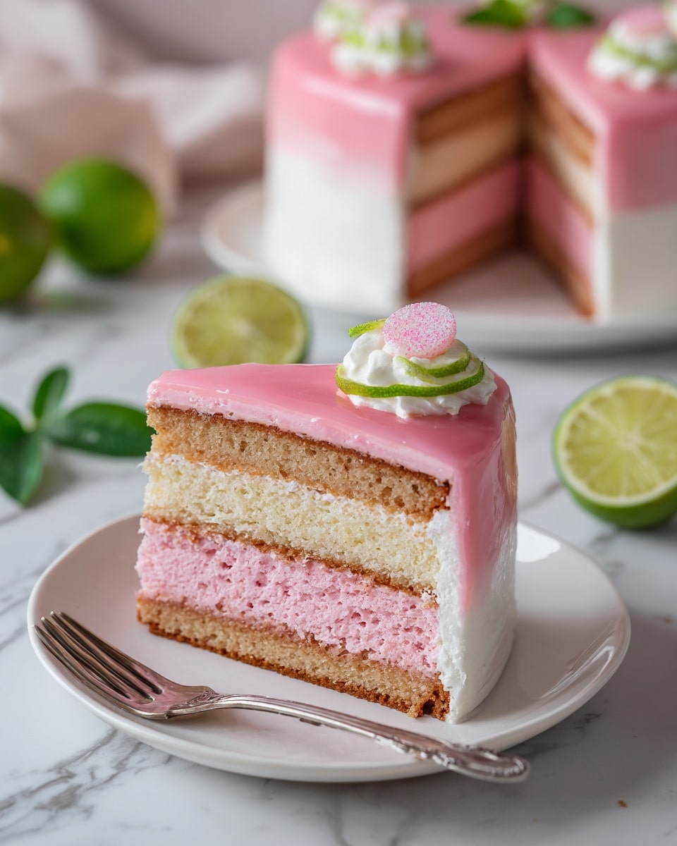 A slice of three-layer cake is shown on a white plate with a silver fork. The bottom layer is a light brown crumbly crust. The middle layer is a thick, moist, pink cake with a soft texture. On top of the pink cake is a thick, smooth white cream layer that wraps around the sides as well. The top layer is a glossy pink glaze with a shiny, slightly uneven surface, adorned with a dollop of white cream and a small pink candy piece. In the background, the rest of the cake sits on a white plate, partly visible, with lime halves placed nearby on a white marbled surface. Photo taken with an iphone --ar 4:5 --v 7