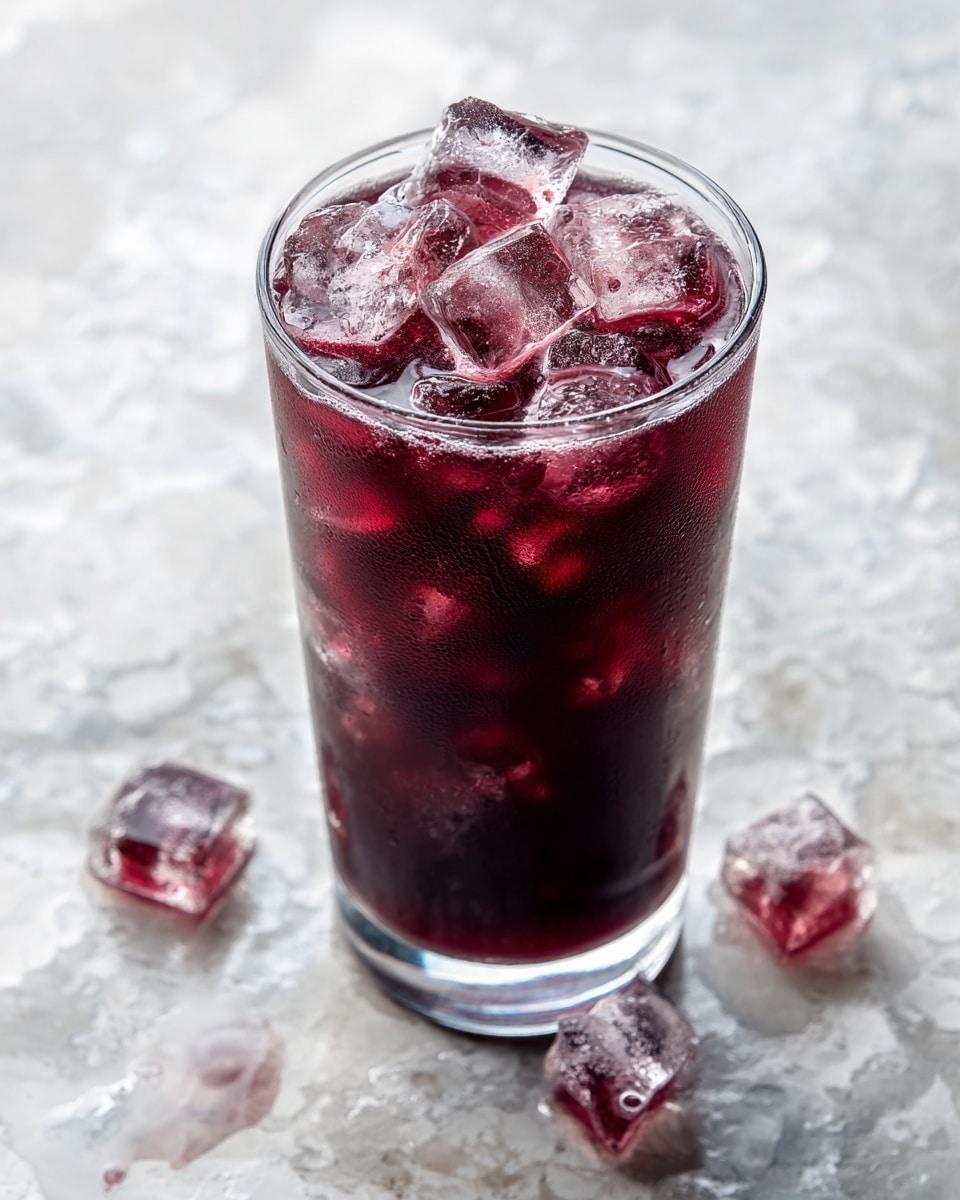 A tall clear glass filled with deep purple liquid, topped with many irregularly shaped ice cubes that are mostly clear with some purple reflections. The ice fills the top layer and slightly overflows the rim. The glass shows slight condensation on the outside. It is placed on a white marbled surface with soft natural light. photo taken with an iphone --ar 4:5 --v 7