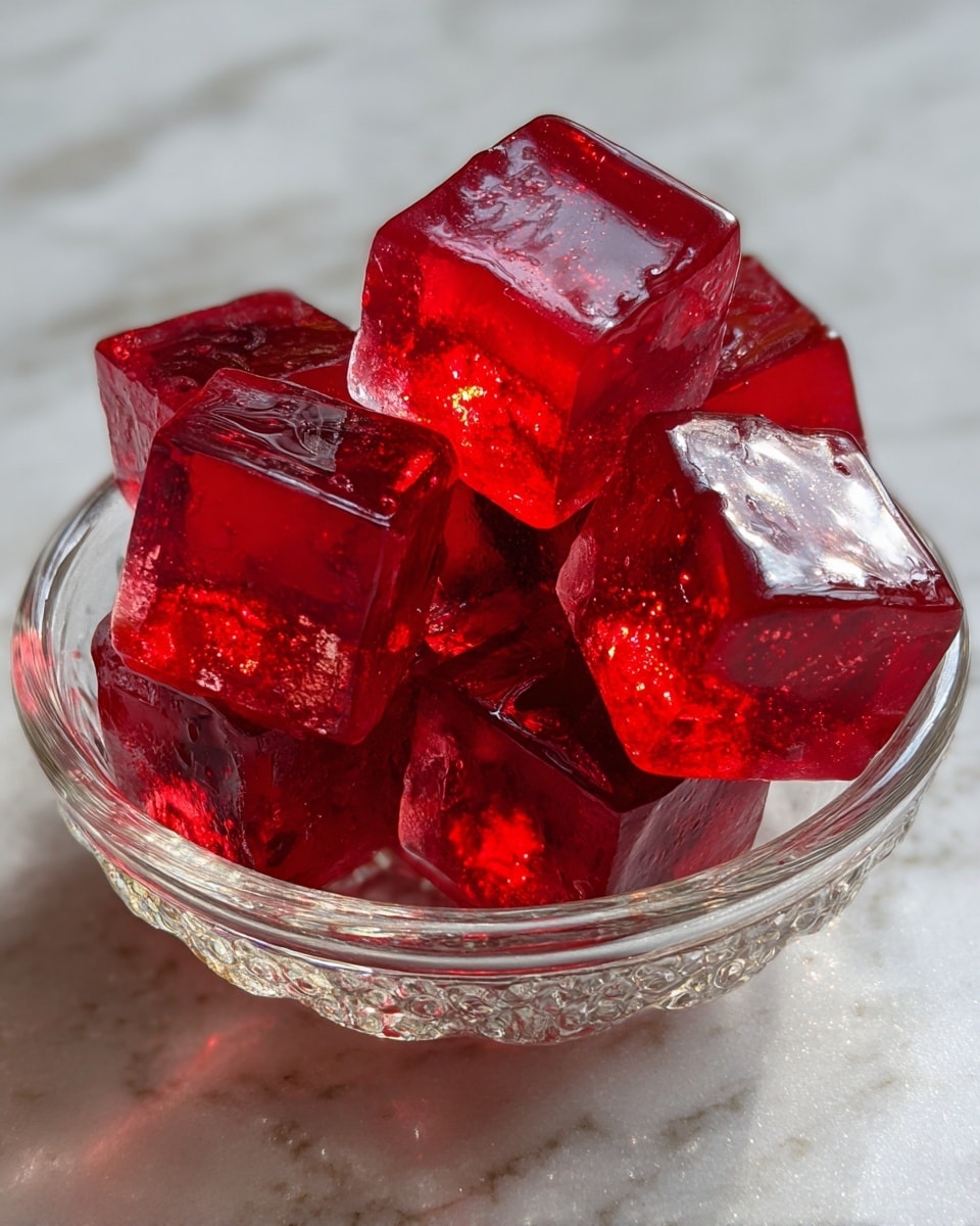 A clear glass bowl filled with eight shiny, translucent red gelatin cubes, each cube showing smooth surfaces and sharp edges with light reflecting off them, placed on a white marbled texture surface that softly highlights the vibrant red color and clarity of the cubes, creating a fresh and appealing look. photo taken with an iphone --ar 4:5 --v 7