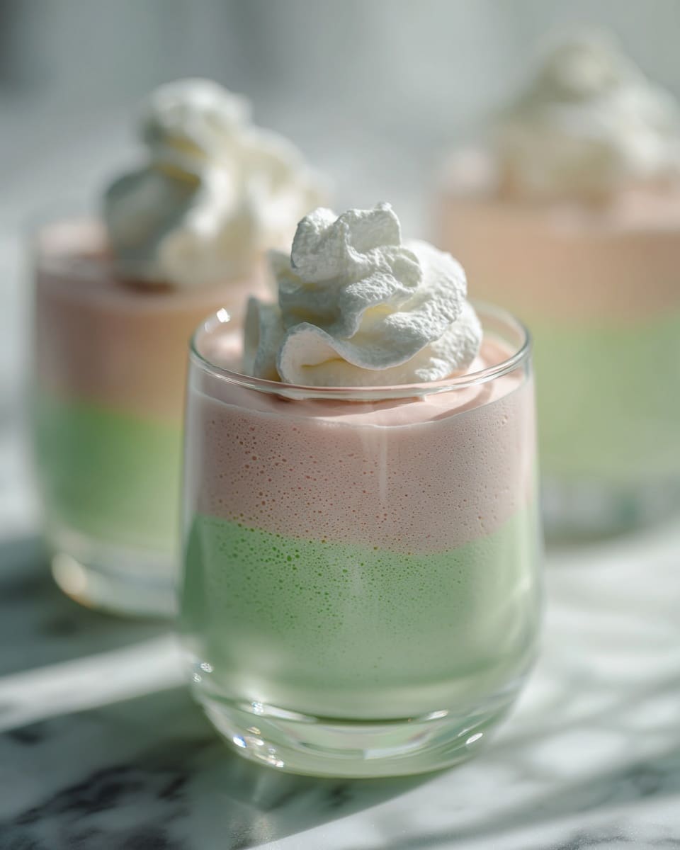 The image shows a clear glass cup with three visible layers of jelly mousse standing on a white marbled surface. The bottom layer is light green with a smooth texture, followed by a slightly darker green layer above it. The third layer is a bright pink jelly mousse, also smooth and creamy looking. On top of the pink layer, there is a swirl of white whipped cream with a fluffy texture. In the background, there is a blurred second glass of the same dessert. The overall look is fresh, colorful, and light. Photo taken with an iphone --ar 4:5 --v 7
