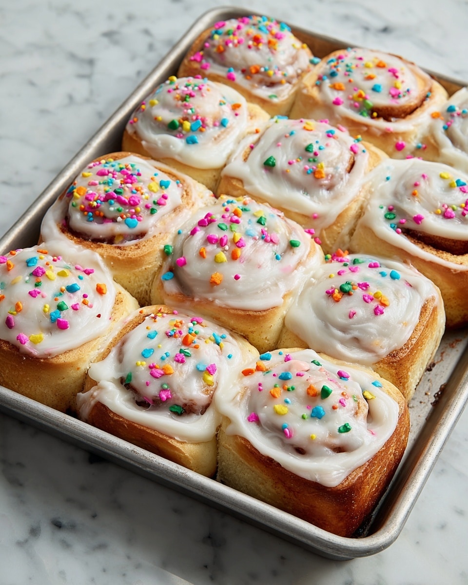 A metal baking tray filled with twelve square cinnamon rolls covered in a thick layer of white cream cheese frosting that swirls smoothly on top; each roll is soft and golden brown with a visible spiral pattern underneath the icing, sprinkled with colorful, round confetti-like sprinkles in pink, yellow, green, blue, purple, and orange colors scattered evenly across the frosting; the tray sits on a white marbled surface; photo taken with an iphone --ar 4:5 --v 7