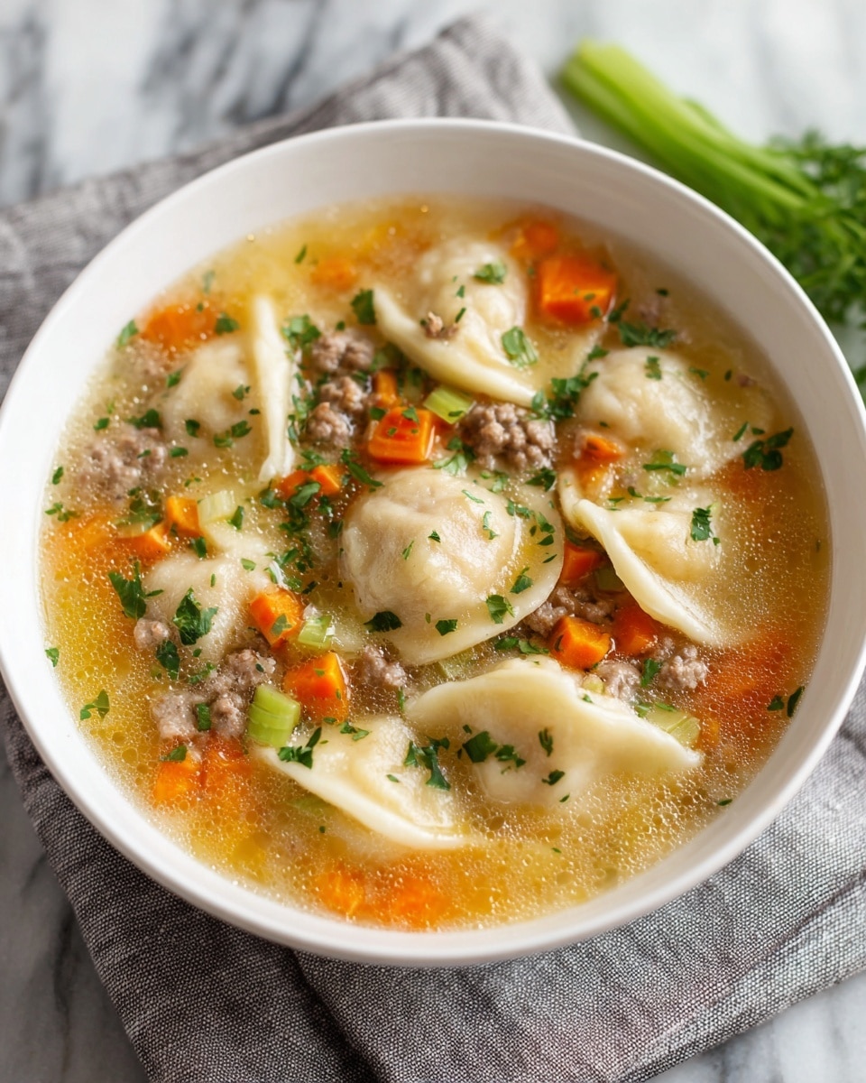 A white bowl filled with a clear, golden broth that holds soft, folded pasta pieces creating the first layer, mixed with small orange carrot cubes adding pops of color. The second layer has tender cooked ground meat scattered across the top, along with light green celery pieces and vibrant, fresh green parsley leaves. The bowl is placed on a dark textured cloth, set against a white marbled surface, and in the background, there is a blurry view of fresh greens. Photo taken with an iphone --ar 4:5 --v 7