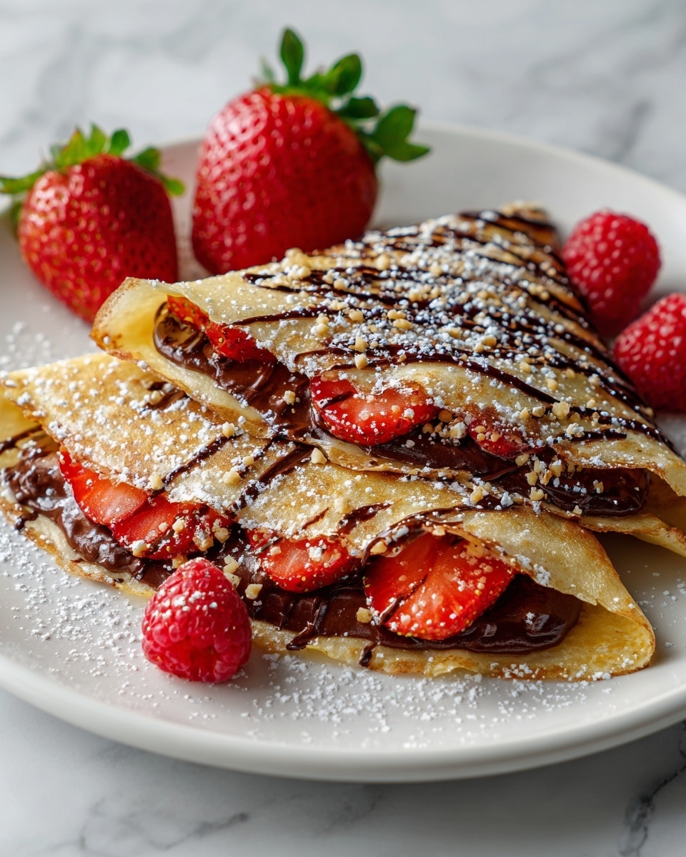 Two folded crepes on a white plate, each crepe showing three layers: a thin, light golden outer layer, a middle layer of bright red sliced strawberries, and a thick dark brown chocolate filling. The crepes are drizzled with more chocolate and sprinkled with white powdered sugar and small nut pieces on top. Around the crepes are fresh red strawberries and raspberries also dusted with powdered sugar. The plate is on a white marbled surface. photo taken with an iphone --ar 4:5 --v 7