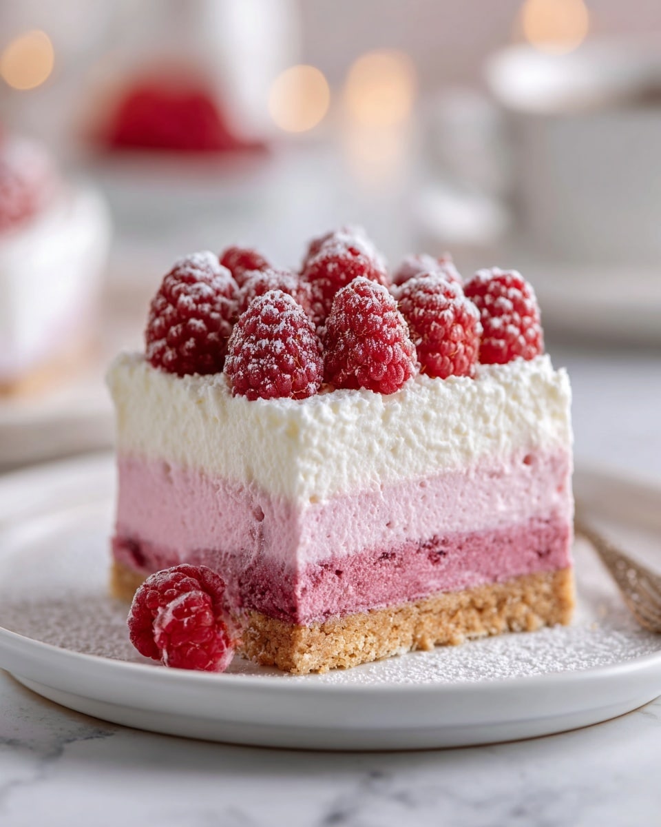 A slice of raspberry dessert shows four layers on a white plate: the bottom layer is a golden-brown crumb crust; above it, a pink creamy layer filled with whole raspberries; then a thick, fluffy white cream layer; on the top, a dense layer of fresh red raspberries fully covering the dessert, dusted lightly with powdered sugar. The plate sits on a white marbled textured surface with soft light and a blurred background that includes raspberries and a spoon. Photo taken with an iphone --ar 4:5 --v 7