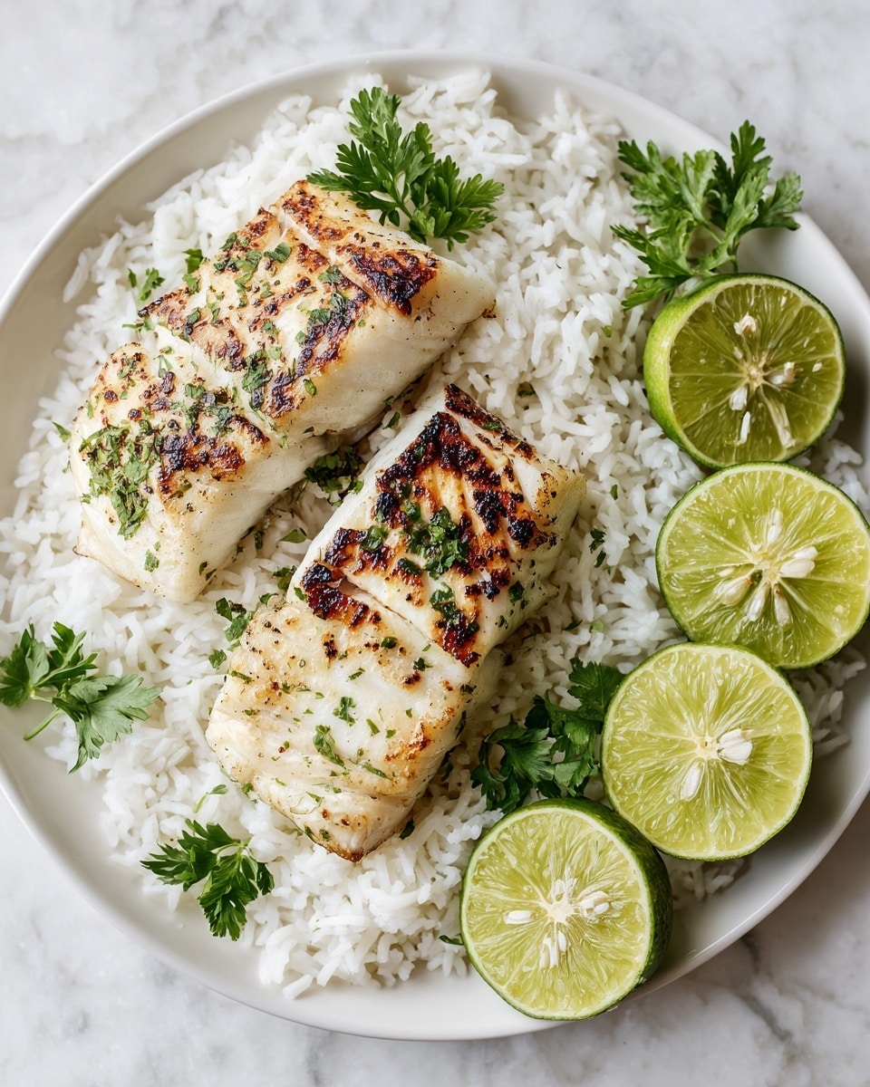 The image shows two pieces of grilled fish on top of a white bed of rice on a white plate. The fish has a golden-brown crust with visible grill marks and is sprinkled with chopped green herbs. On the side, there are three cut lime halves, two of which show their fleshy green interior while one is slightly out of focus. The plate rests on a white marbled surface. photo taken with an iphone --ar 4:5 --v 7