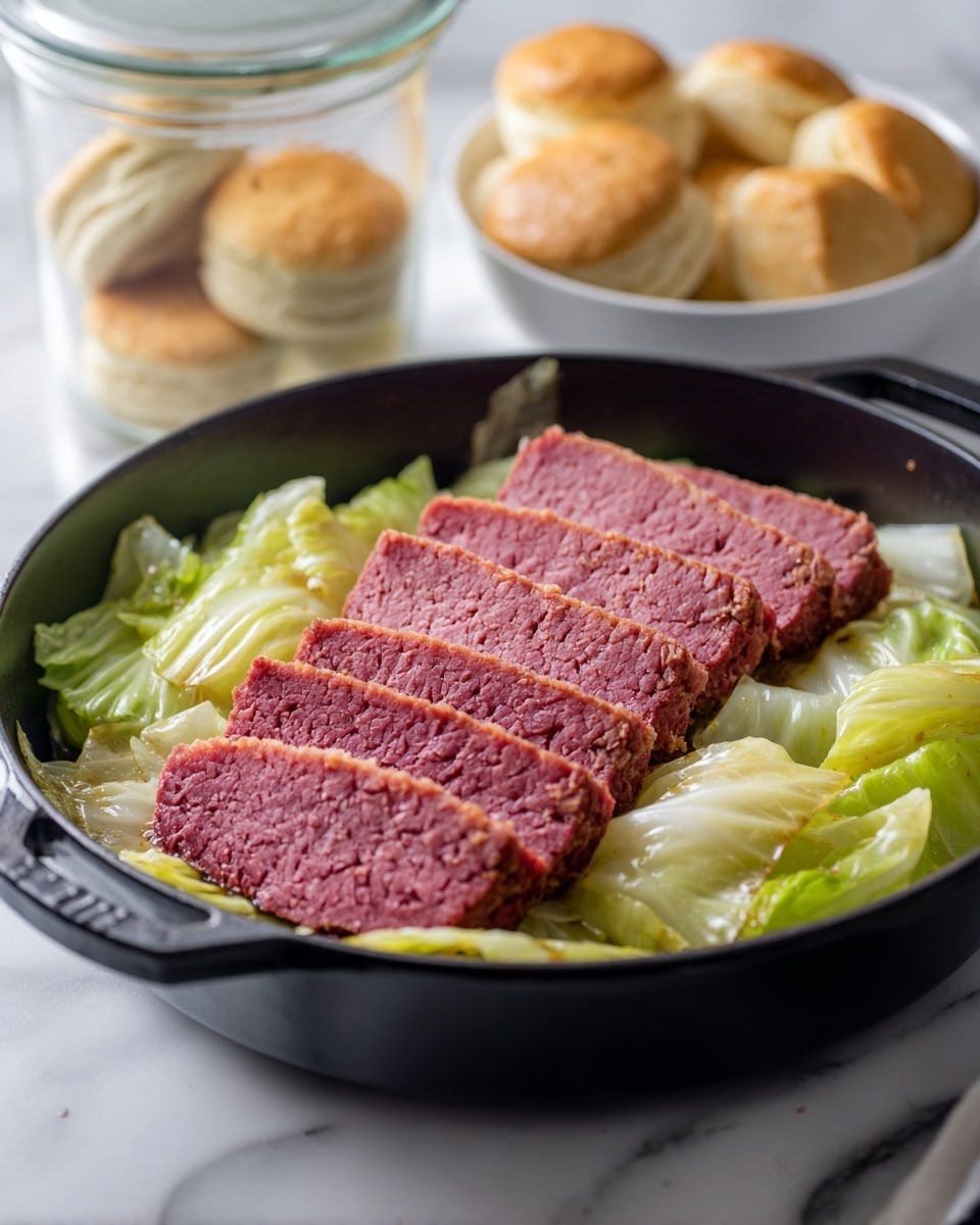 A black skillet filled with sliced corned beef brisket placed on a bed of cooked cabbage. The corned beef layers are thick, showing a deep reddish-pink inside with a browned, slightly crispy outer edge. The cabbage underneath is soft with a light yellow-green color, arranged unevenly around and under the meat. The skillet sits on a natural woven fabric, and blurred in the background there is a glass jar of biscuits, a white dish with more biscuits, and a bowl of potatoes all on a white marbled surface. photo taken with an iphone --ar 4:5 --v 7