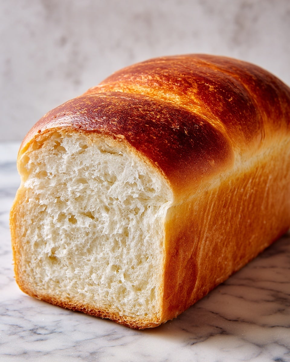 A thick loaf of bread with a shiny, golden-brown crust on top and soft, fluffy white inside is shown in close-up. The texture of the bread inside is light and airy with lots of tiny holes, while the crust looks smooth and slightly crisp. The bread is placed on a surface with a white marbled texture. photo taken with an iphone --ar 4:5 --v 7