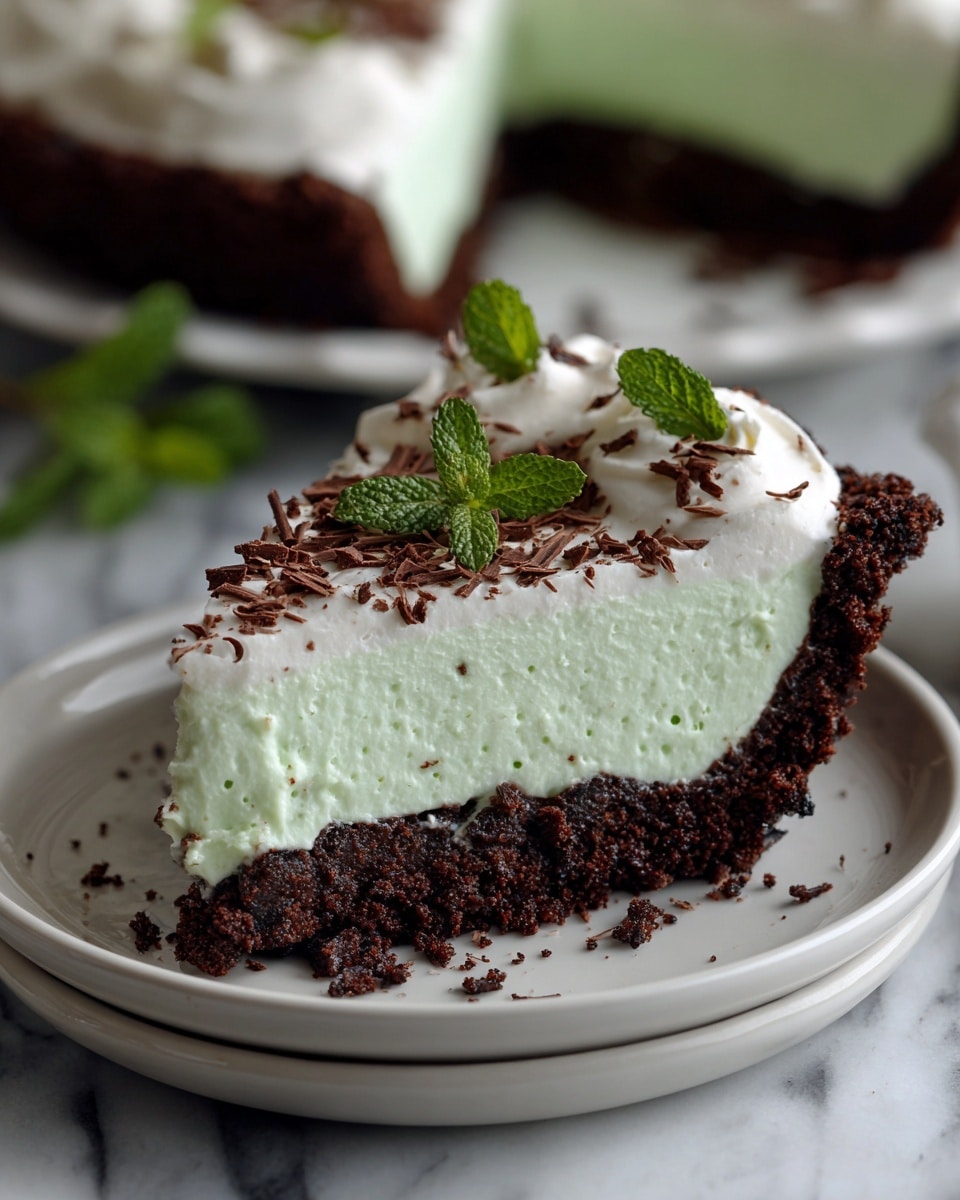 A slice of pie has three main layers starting from the bottom with a thick, crumbly dark chocolate crust with a rough texture. Above it is a thick layer of smooth, light green cream filling with a soft and fluffy look. The top layer is a thinner, white whipped cream spread evenly, decorated with small green mint leaves and fine chocolate shavings scattered lightly. The slice sits on a white plate which rests on a white marbled surface, with a blurred background showing more of the pie. photo taken with an iphone --ar 4:5 --v 7
