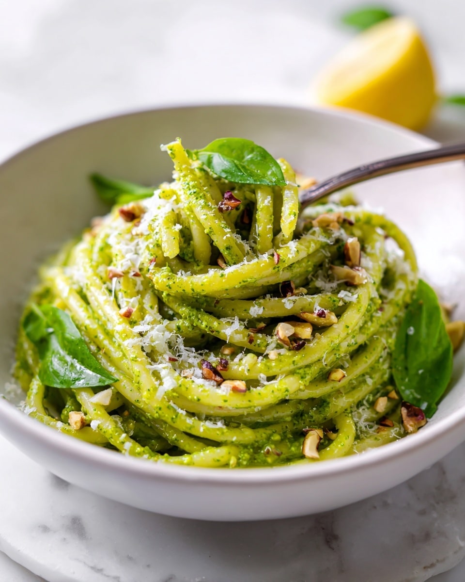 A white bowl filled with three layers of pasta coated in bright green pesto sauce sitting on a white marbled surface. The bottom layer shows long flat pasta strands fully covered in smooth, thick green pesto. The middle layer has the pasta slightly lifted with a fork twirling a small bundle, showing the creamy sauce texture clinging to each strand. The top layer is sprinkled with small bits of chopped nuts and grated white cheese, adding a contrasting texture. Dark green basil leaves peek from under the pasta, and a half lemon is visible blurred in the background. Photo taken with an iphone --ar 4:5 --v 7
